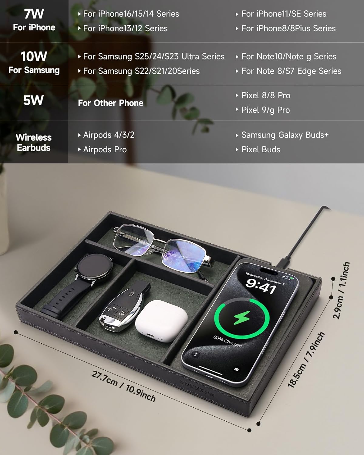 Valet Tray, Built in Wireless Charging Pad, Nightstand Organizer | Two-Toned Premium Leather Desk Bedside Caddy