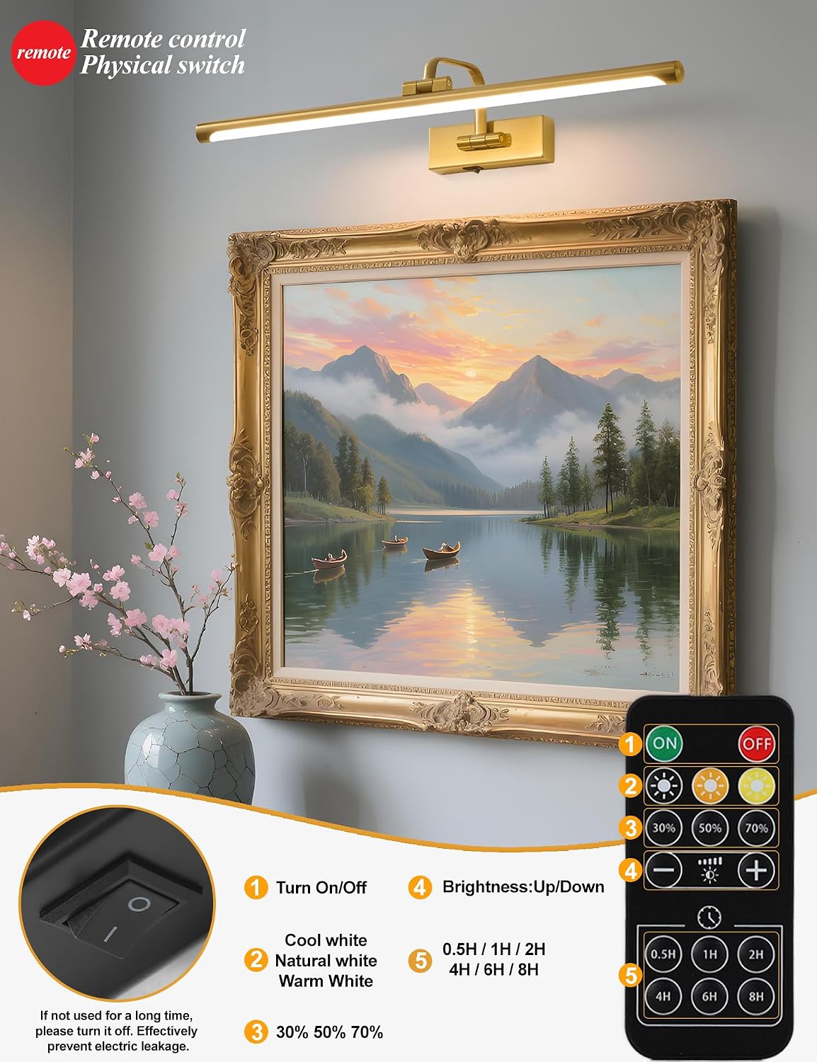 Picture Lights for Wall Battery Operated, Rechargeable Light for Pictures with Remote & Timer, Gold Art Light for