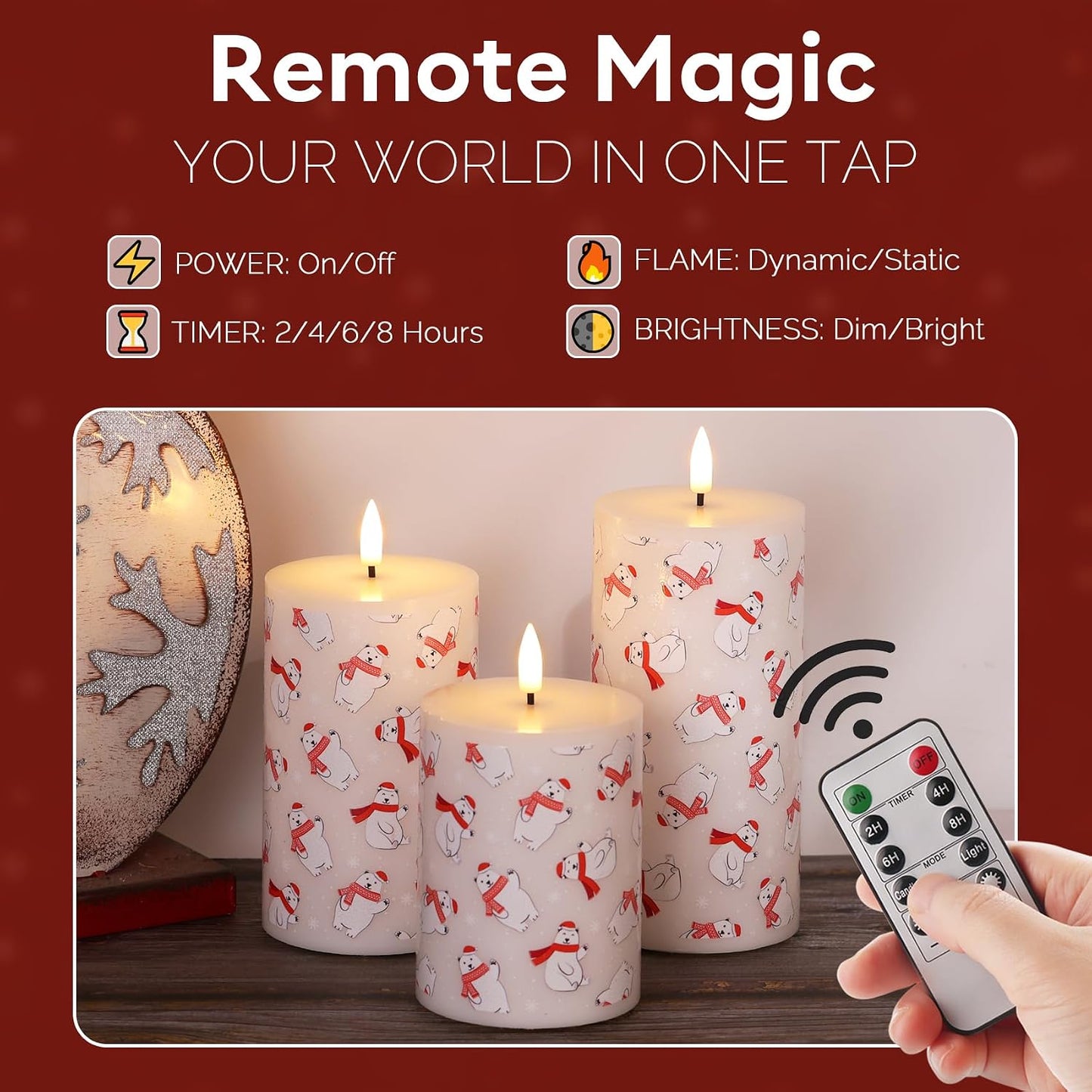 Bear Winter Christmas LED Pillar Candles with Remote Set of 3 | Flickering Flameless Wax Candles, Flat Top, 2 AA