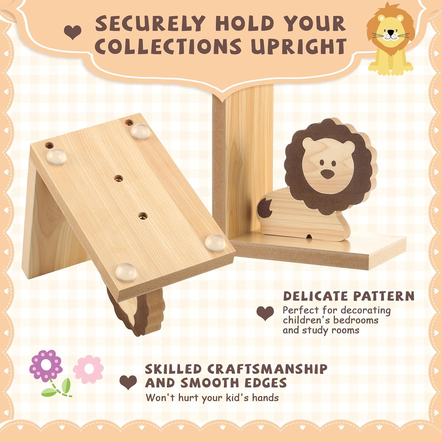 Animal Bookends for Kids Wooden Decor Safari Bookends Decor for Girl / Lion Elephant / Set of 2