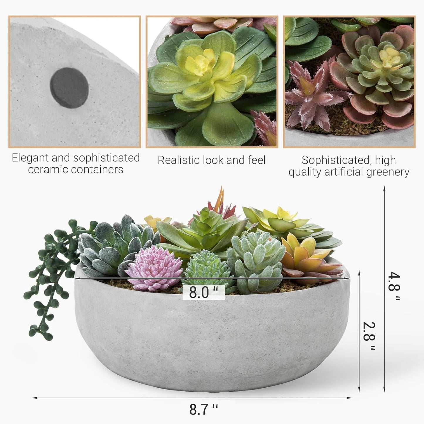 Round Modern Artificial Succulent Arrangement Potted in Gray Concrete Plant Bowl / Grey / 8 Inch