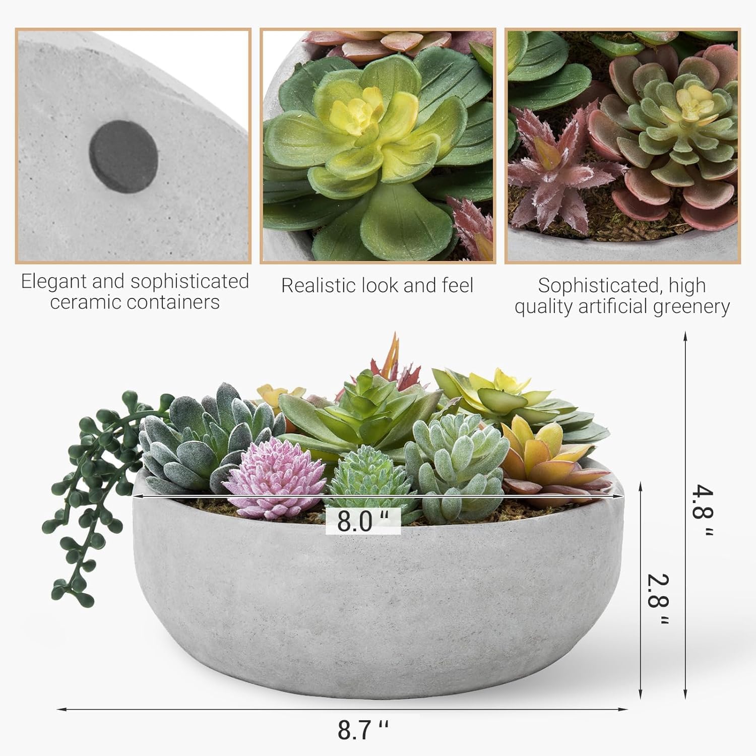 Round Modern Artificial Succulent Arrangement Potted in Gray Concrete Plant Bowl / Grey / 8 Inch