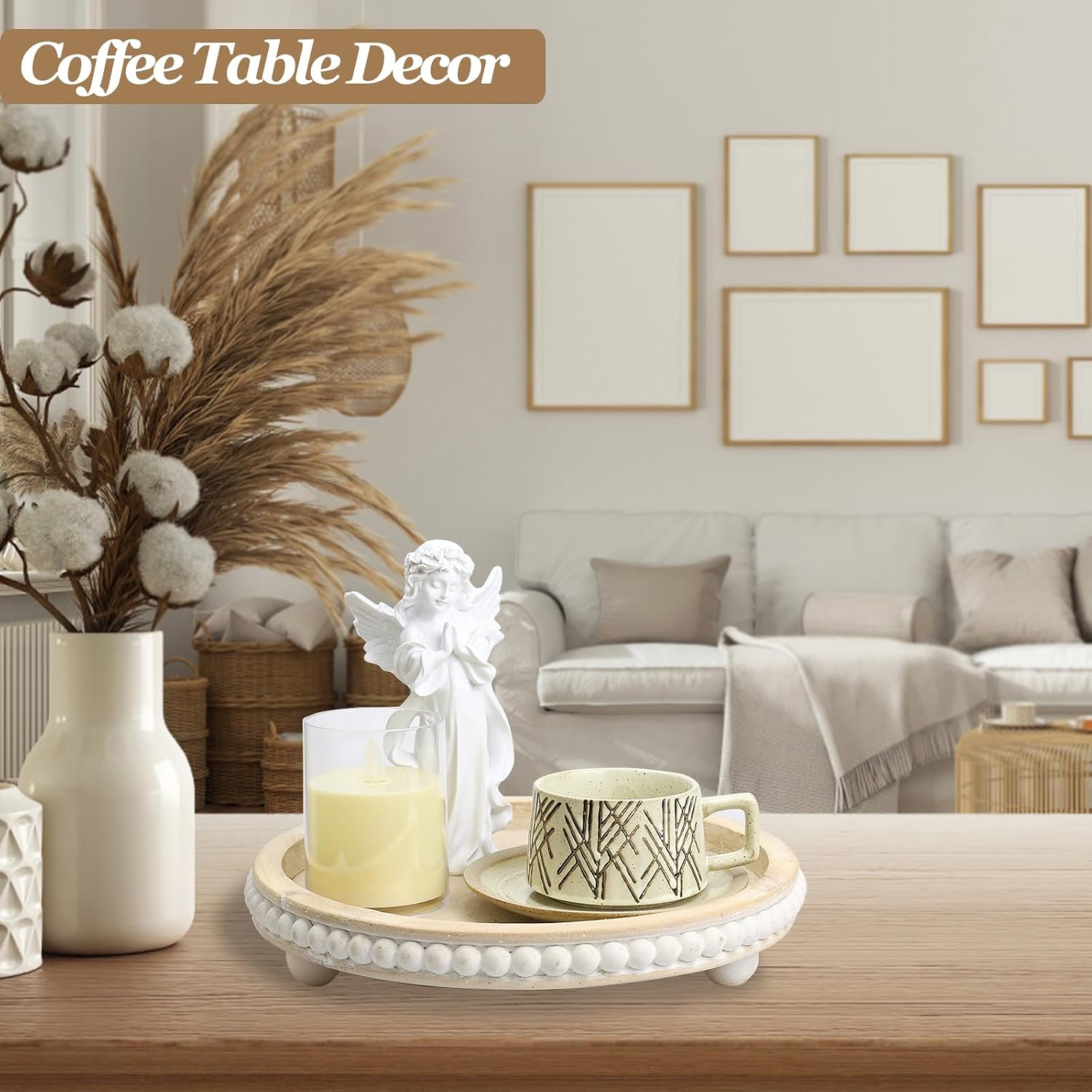 Round Wooden Tray Decor Log Beaded Distressed Rustic Farmhouse Centerpiece for Living / Light Brown