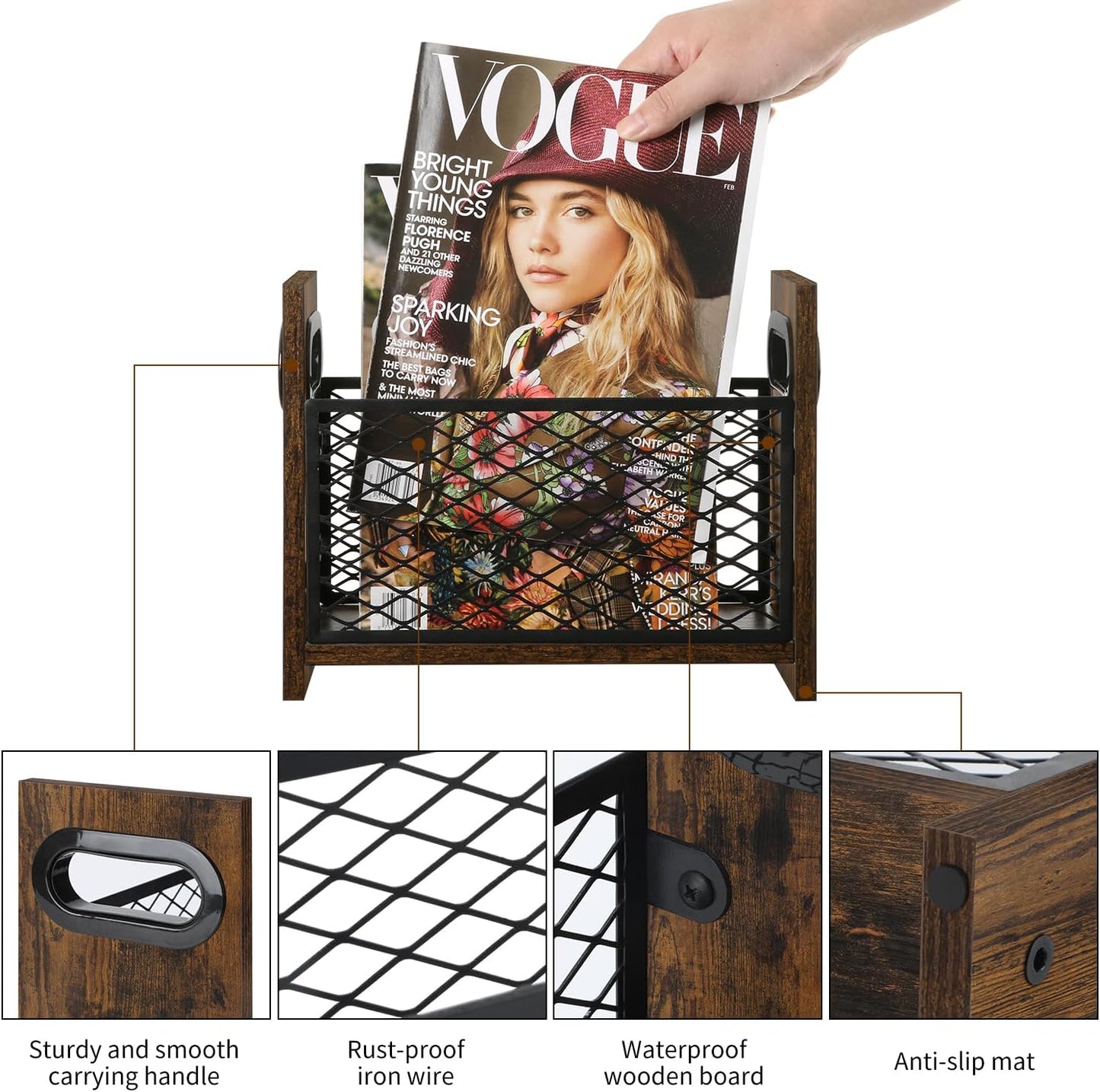 YINMIT Magazine Holder, Small Magazine Rack Floor or Desktop Storage Basket | Wood and Metal Construction, Retro Book
