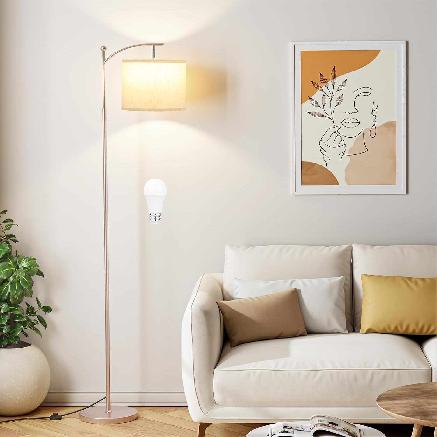 Ambimall 60" Floor Lamp for Living Room with 3 Color Temperatures, Adjustable Beige Shade with Light Gold Pole, Tall