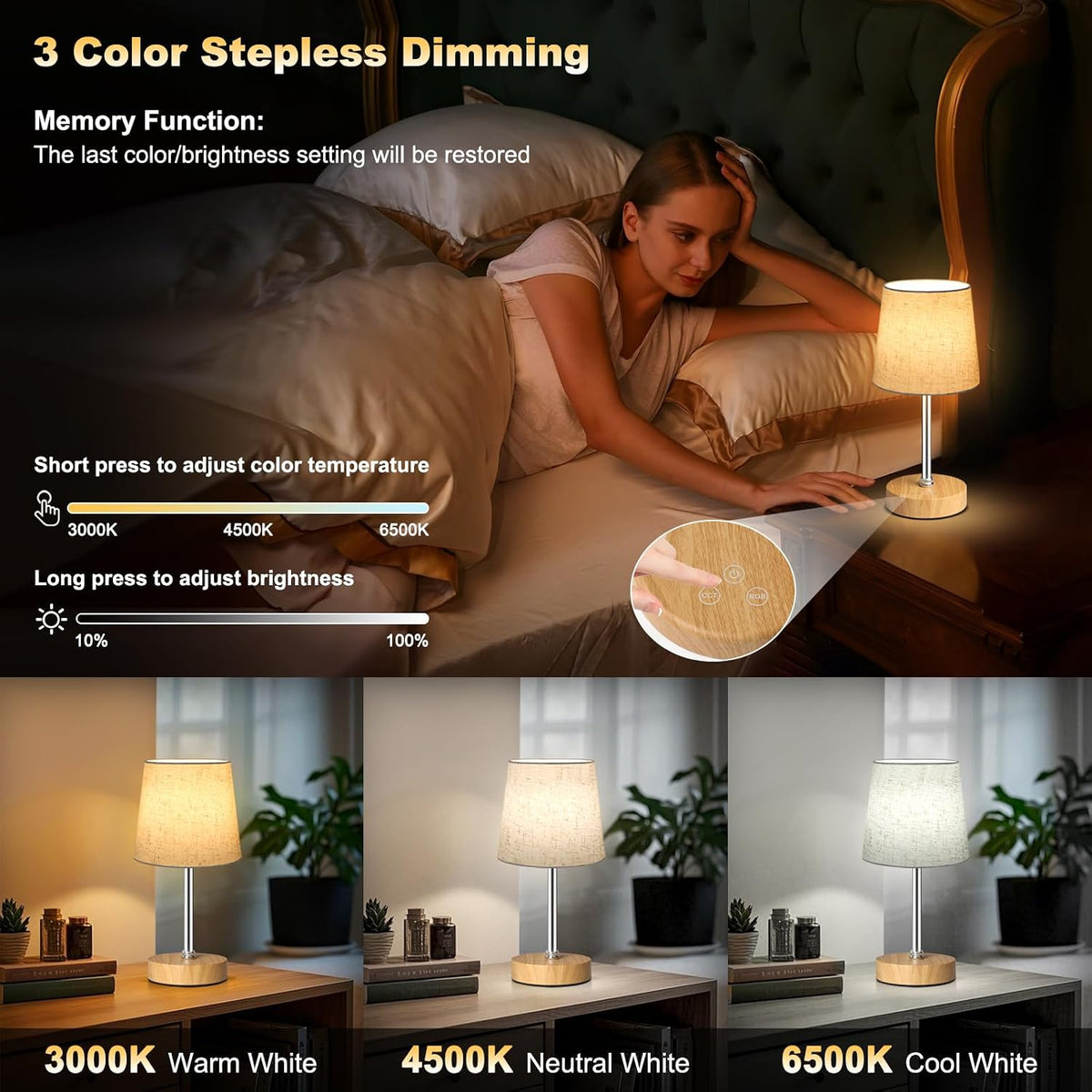 Wowag Small Cordless Table Lamp,5000mAh Rechargeable Battery Operated Desk Lamp,3 Colors & 7 RGB Stepless Dimmable