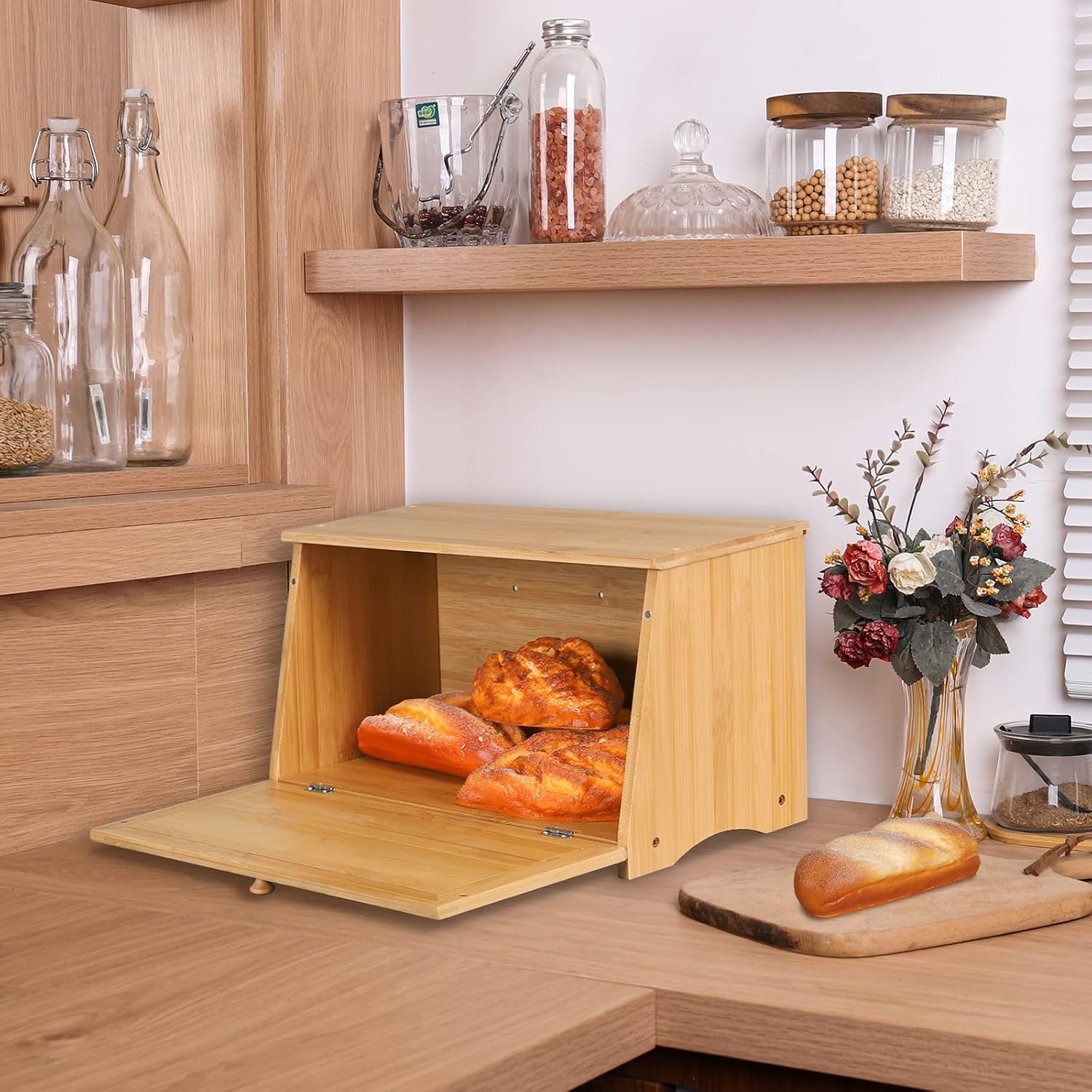 HOMEKOKO Vintage Wooden Bread Box for Kitchen Countertop, Natural Bamboo | Retro Farmhouse Style, Holds 2 Loaves