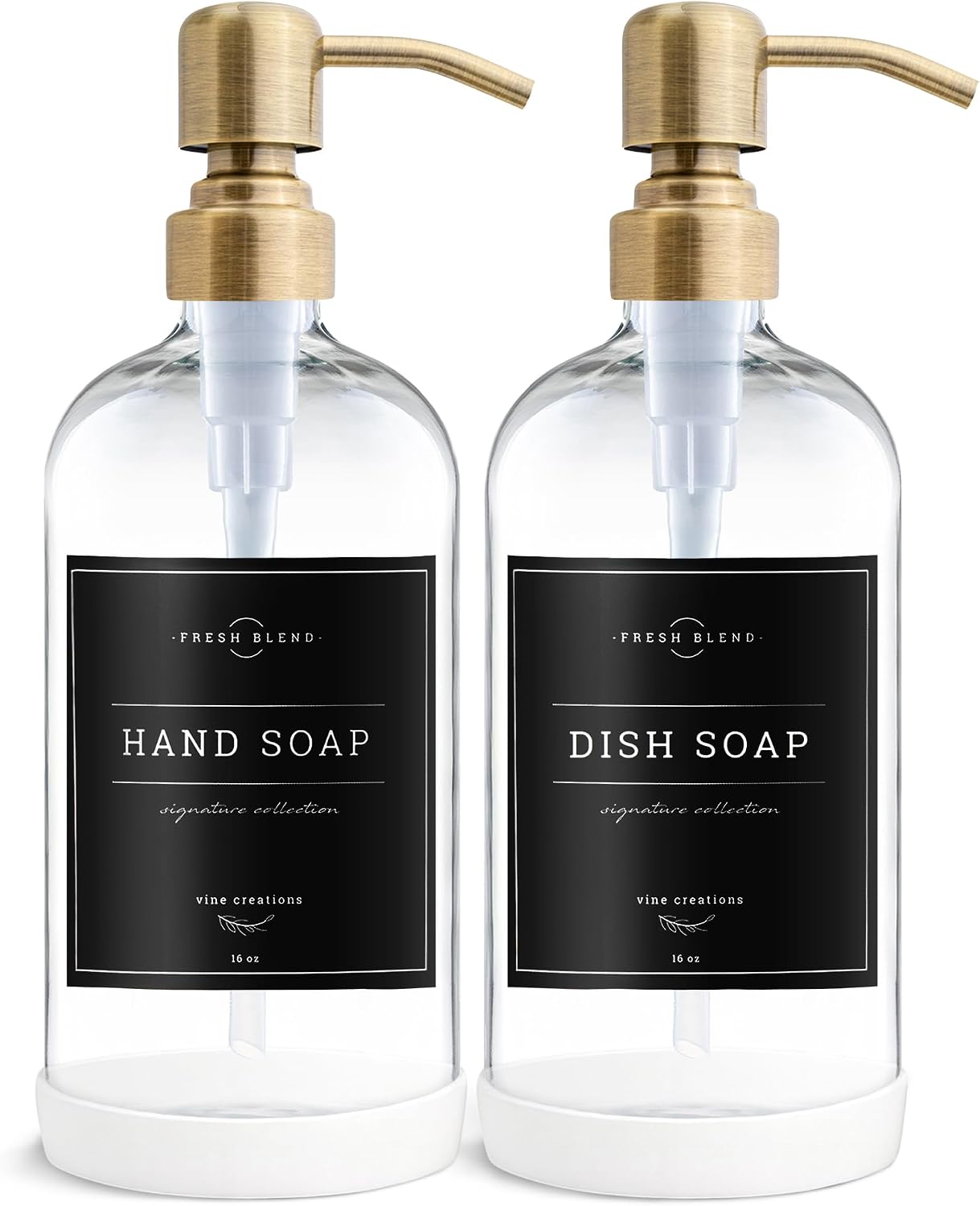 Vine Creations Clear Glass Soap Dispenser, 2 Pack Kitchen Soap Dispenser Set with Stainless Steel Pump, 16 oz Dish Soap