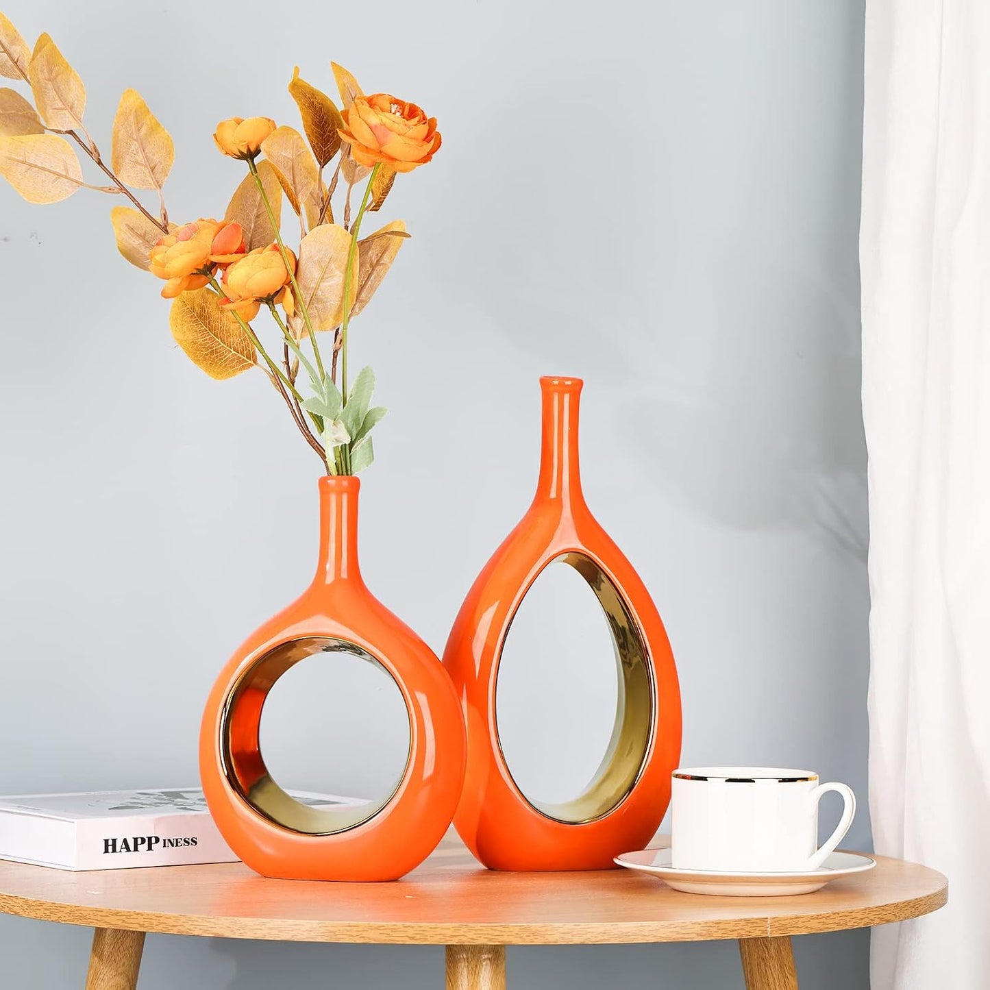 Modern Vases / Ceramic Orange and Gold Vase / Orange Gold / Set of 2