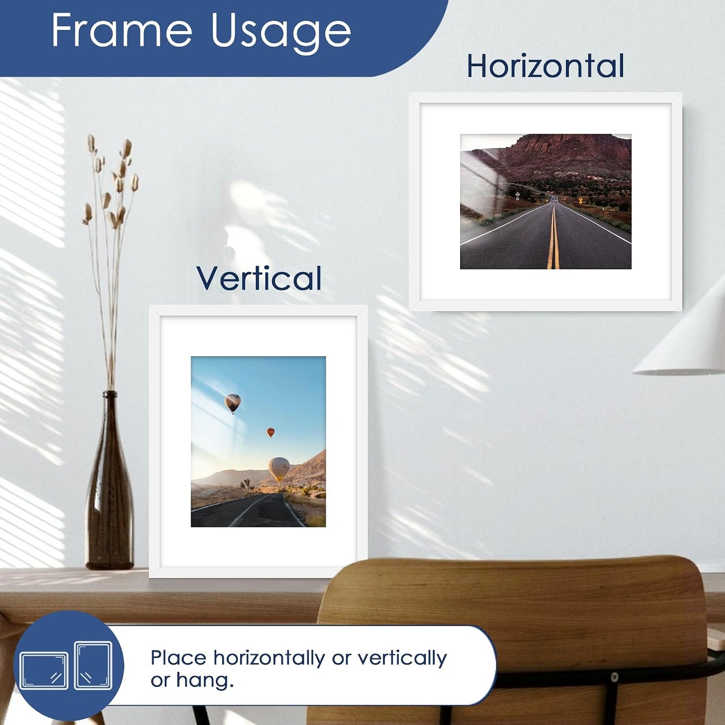 11x14 Picture Frame Set of 6,Wall or Tabletop,White Woodgrain | Display 8x10 with Mat or 11x14 Without Mat, Horizontal