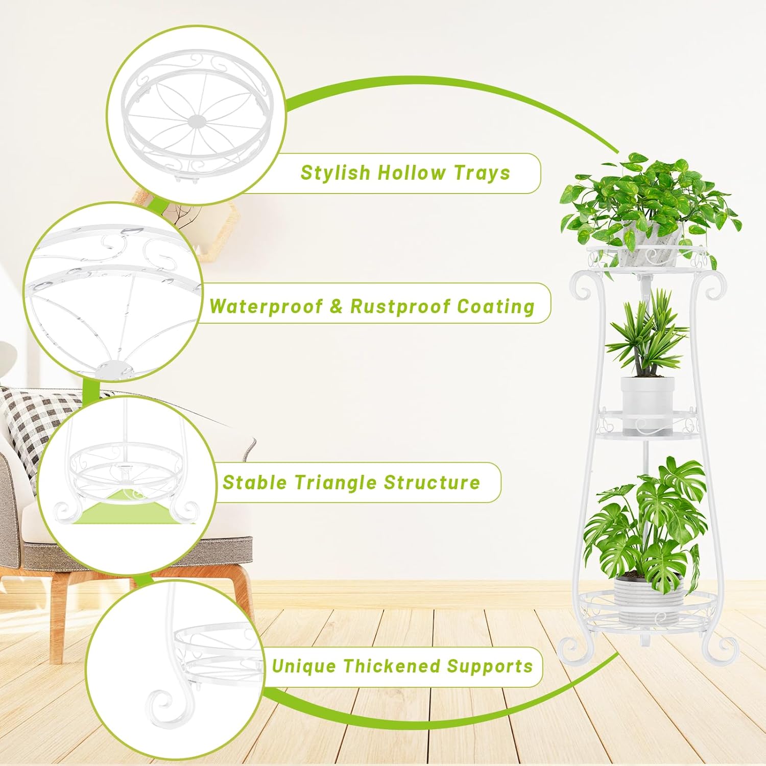 KMOTASUO 3 Tier Metal Plant Stand Tall for Indoor Outdoor Corner, White | Heavy Duty Flower Holder Rack, Modern