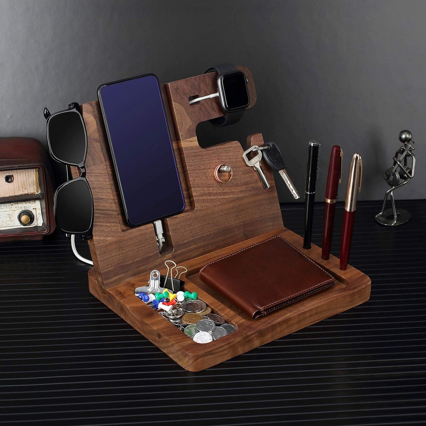 awofer Gifts for Men-Engraved Walnut Wood Docking Station-Nightstand with Phone Holder, Key Holder, Wallet Stand and
