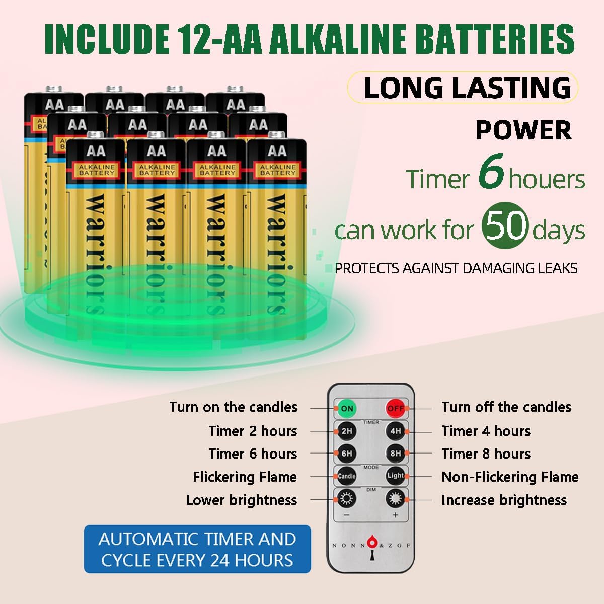 6PACK Flameless Battery Powered 8'' Ivory Taper Windows Candles, Include 12 AA Batteries, with Remote and Timer, with