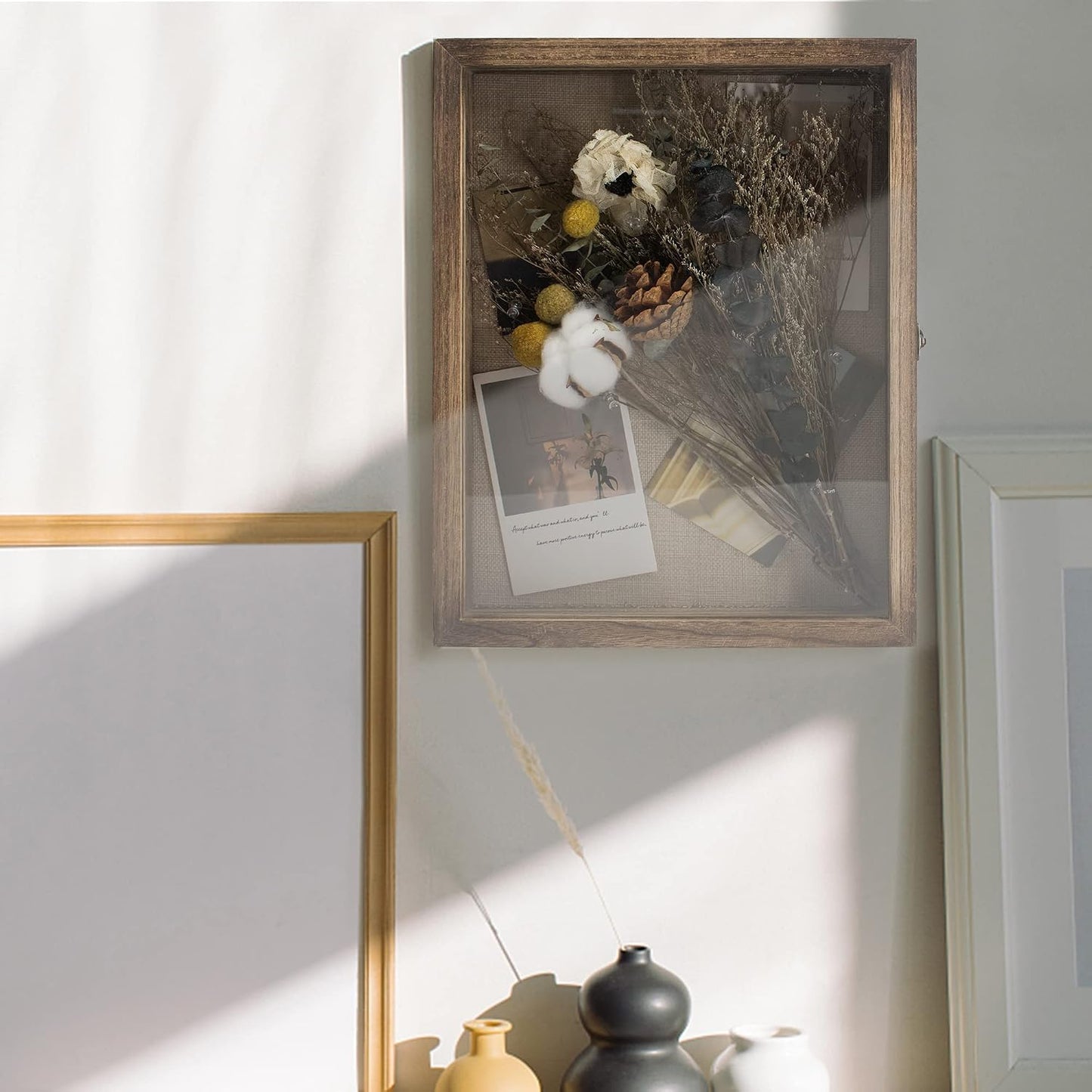 Large Shadow Box Frame 11x14 Display Case, Wood Wedding Bouquet Memory Box | Hinged Front Open Door with Tempered