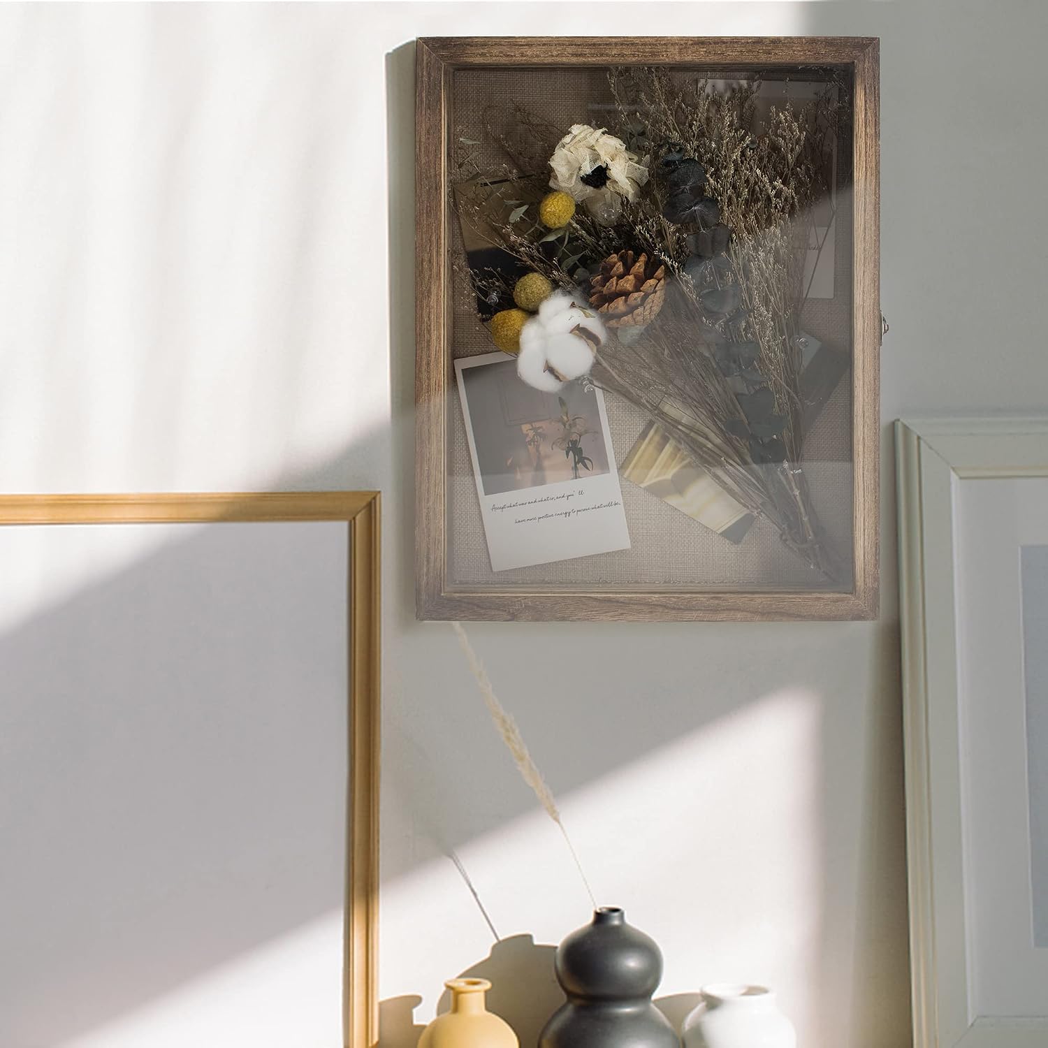 Large Shadow Box Frame 11x14 Display Case, Wood Wedding Bouquet Memory Box | Hinged Front Open Door with Tempered