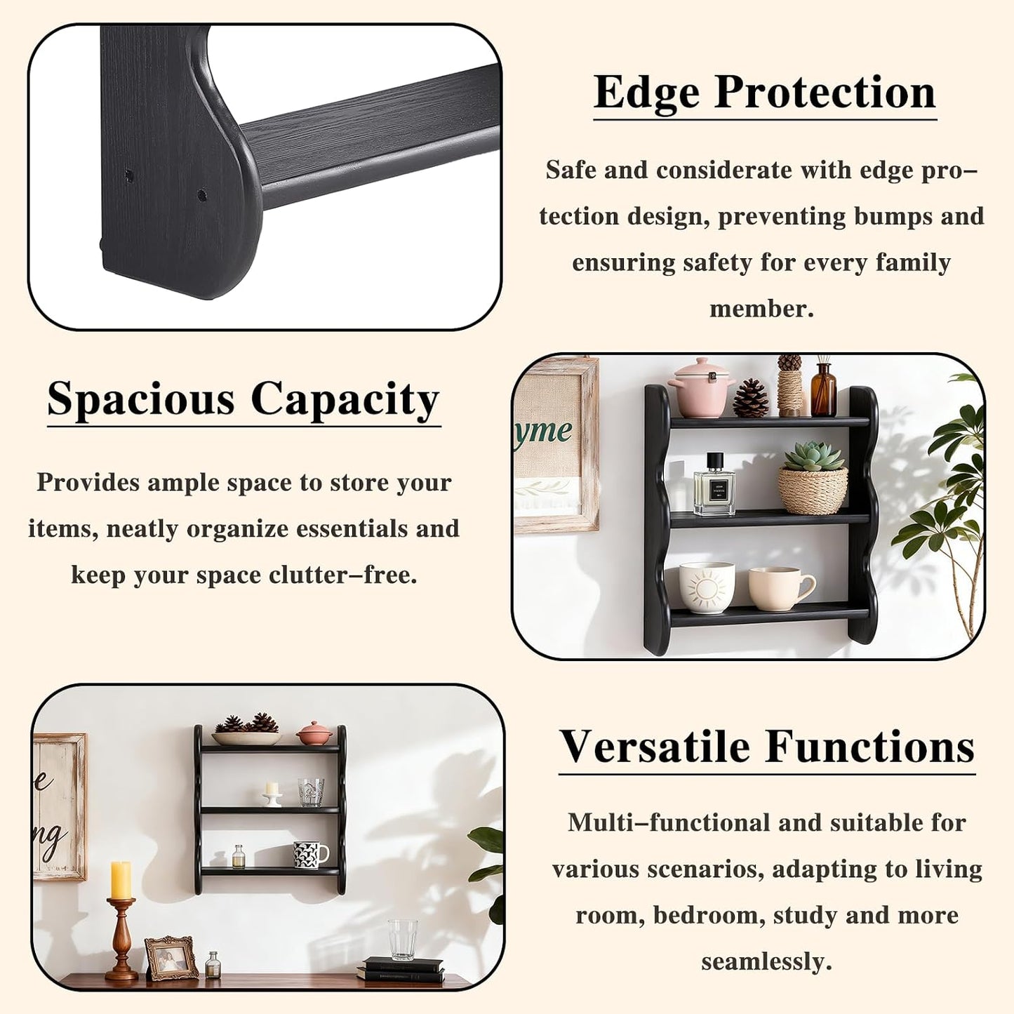 Vintage Wall Shelves Wall Mounted Storage Rack 3-Tier / Black