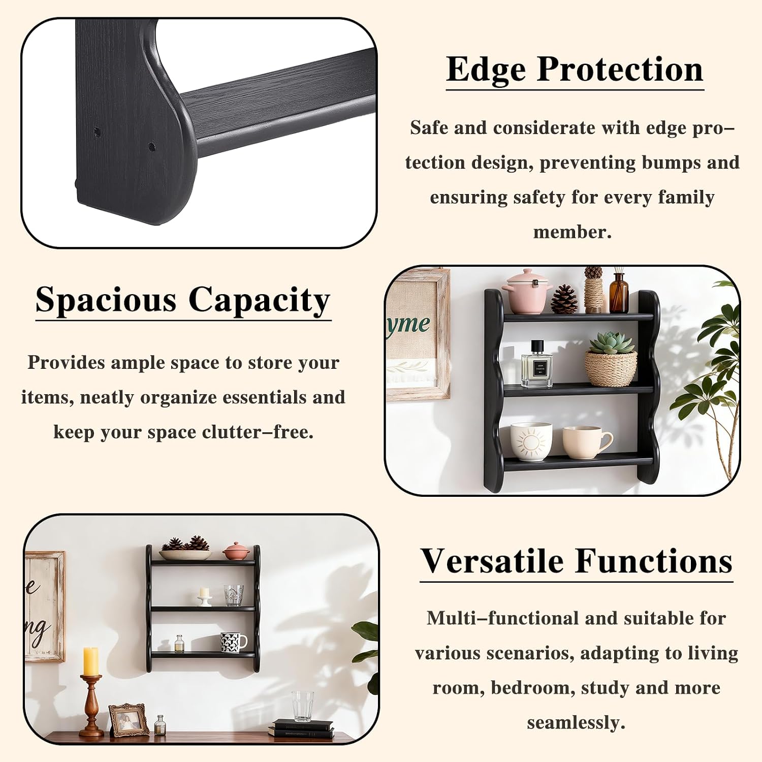 Vintage Wall Shelves Wall Mounted Storage Rack 3-Tier / Black