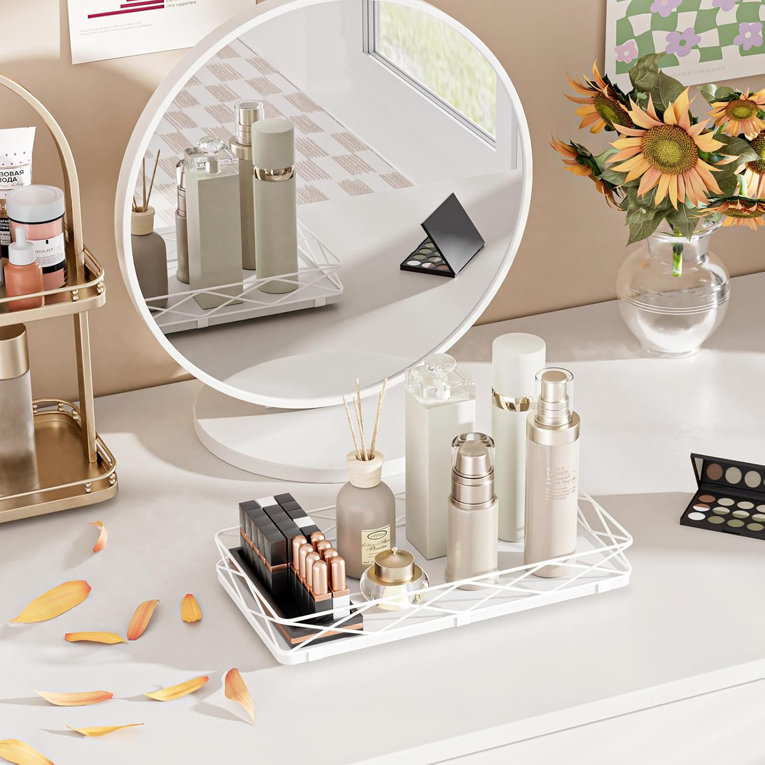 Wood and Metal Toilet Tray Vanity Organizer Bathroom Tray / White
