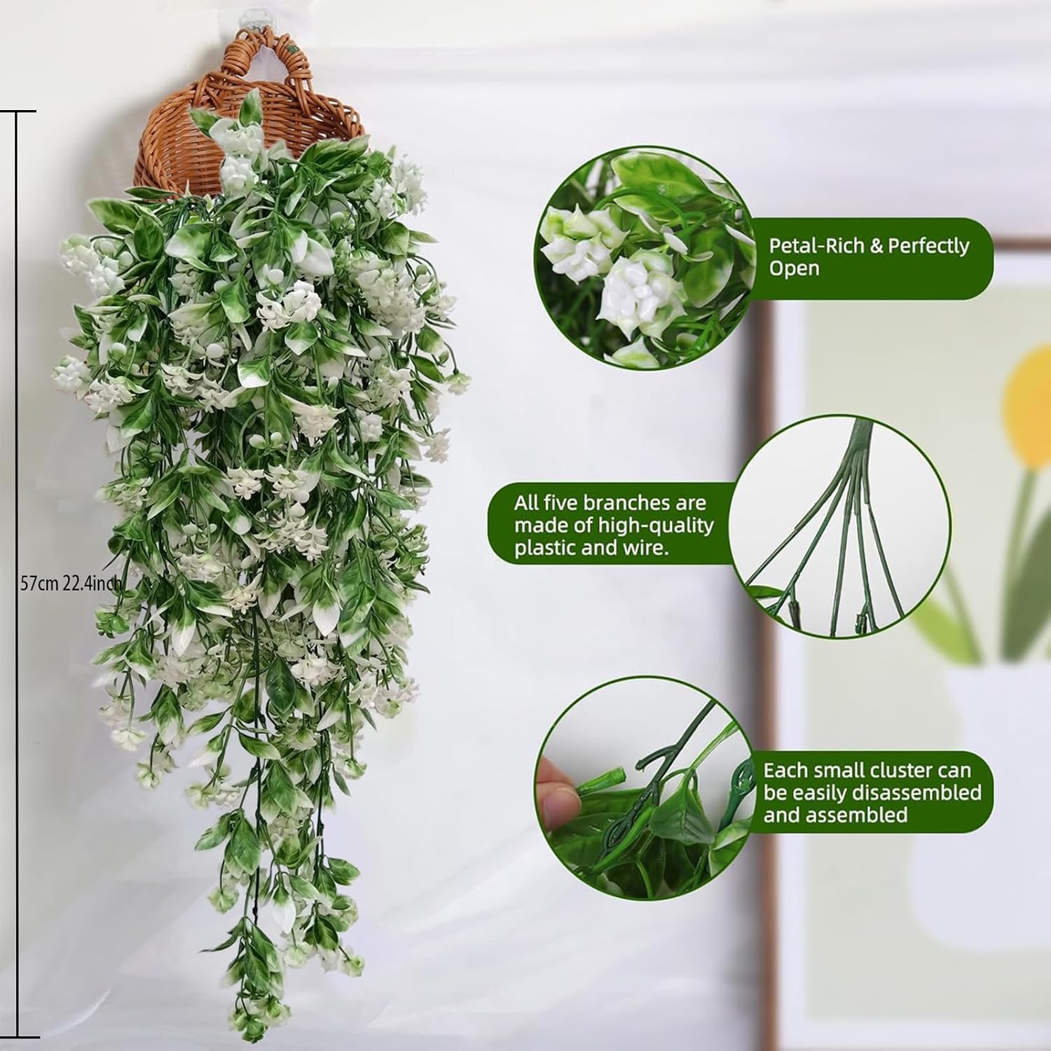 Artificial Hanging Flowers / White-rose / 22.4 Inch / Set of 4