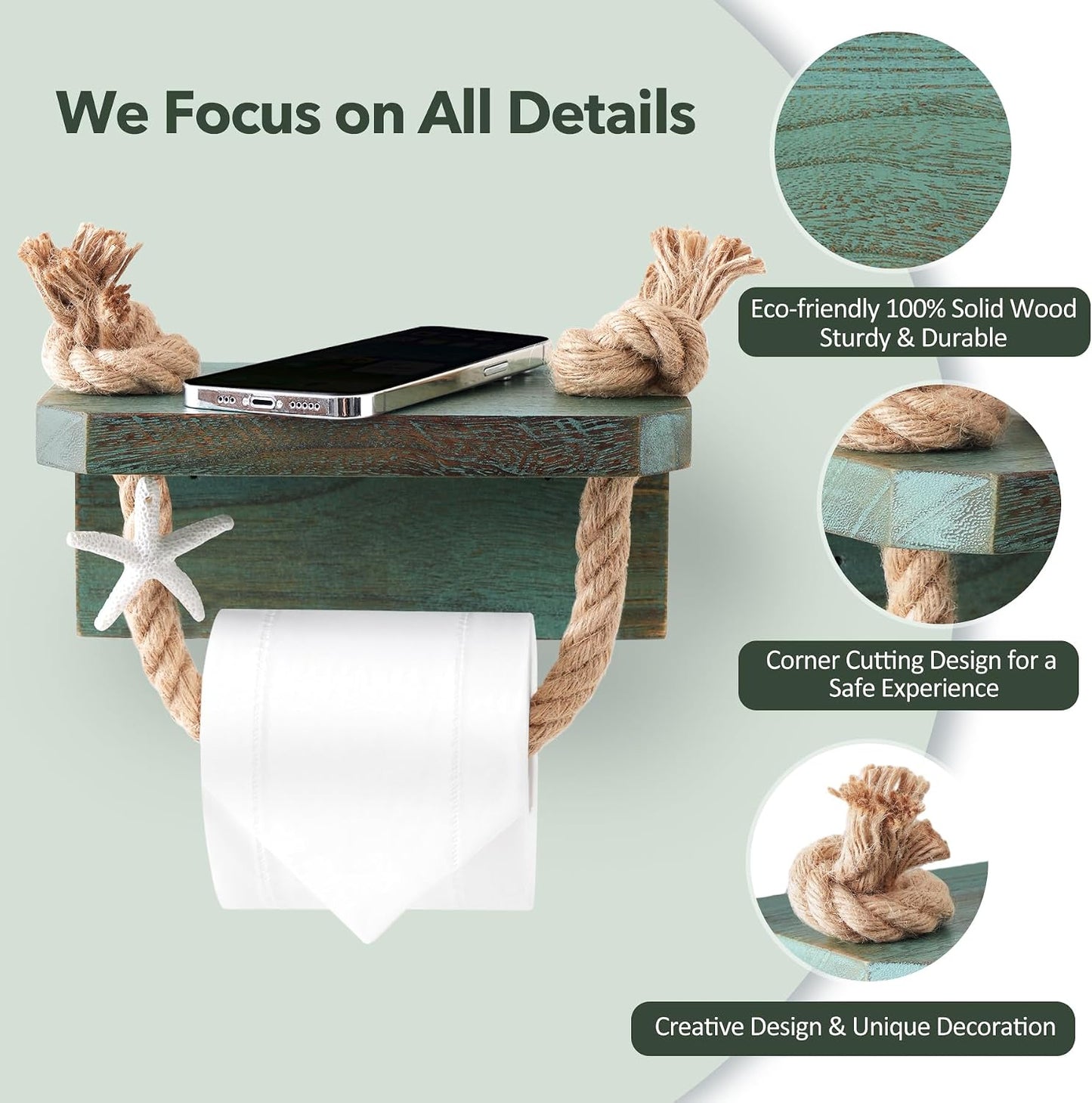 Rustic Rope Toilet Paper Holder Teal Farmhouse Bathroom Decor | Bathroom Accessory with Wood Shelf Nautical Coastal
