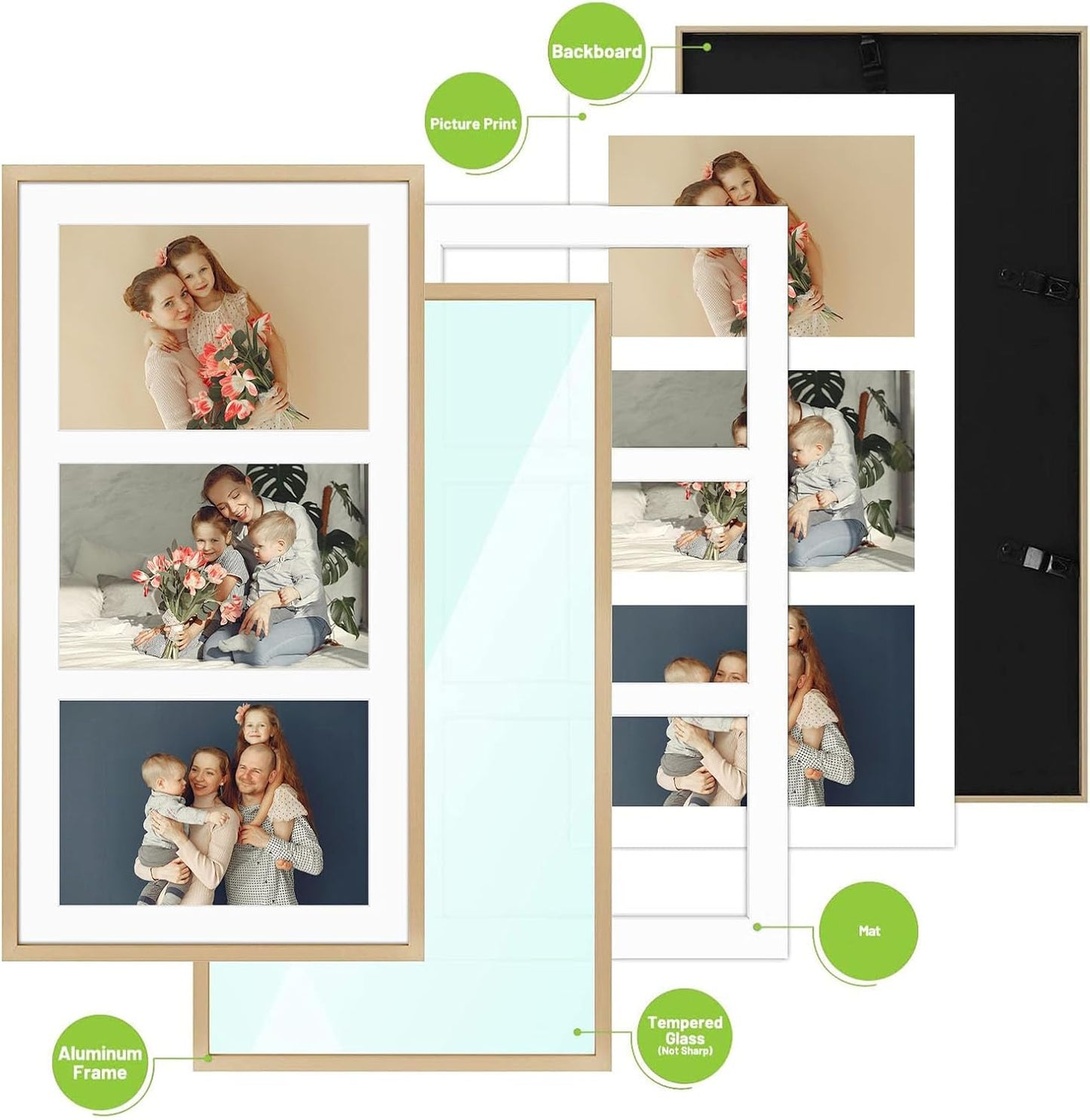 Golden State Art 8.5x16.3 Collage Frame for 3 5x7 Photos Gold 1 Pack | Aluminum Picture Frame with Real Glass Front