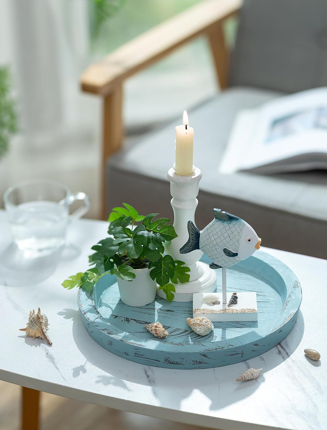 Round Wood Decorative Candle Plate / Ocean Blue