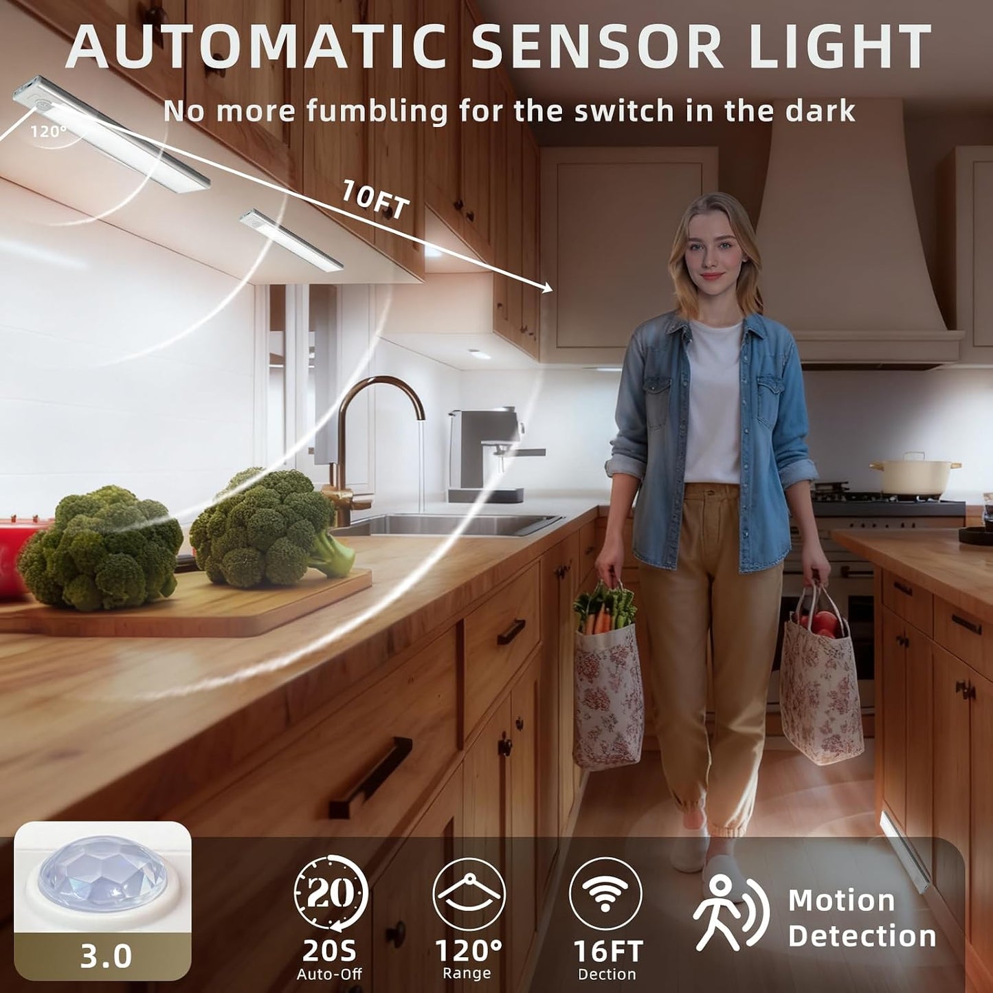 10inch Under Cabinet Lighting, 4 Pack Rechargeable Motion Sensor Light Indoor, Wireless Dimmable Magnetic Closet