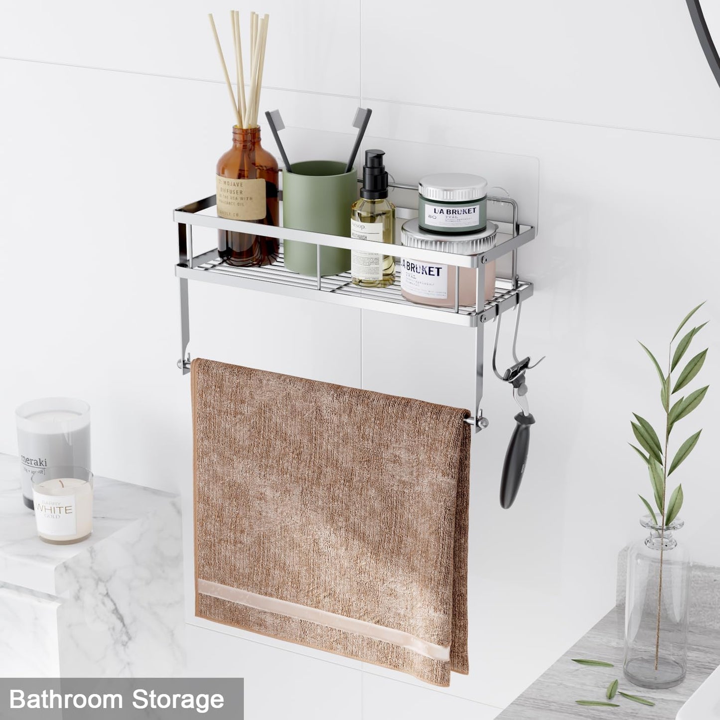 Paper Towel Holder Wall Mount with Shelf Self Adhesive, Brushed Nickel | SUS304 heavy-duty, fits jumbo rolls. Holds 11