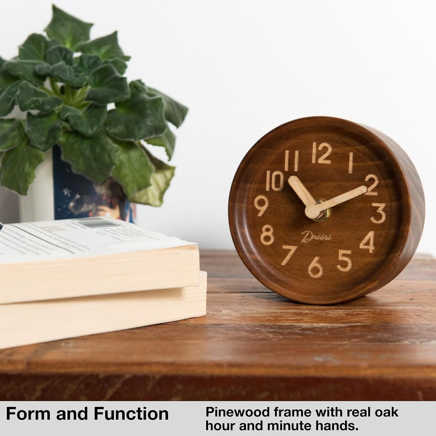 Driini Wooden Analog Desktop Clock – 4.3 in. Decorative Pinewood, No-Tick Design – Easy to Read Silent Sweep Mantle
