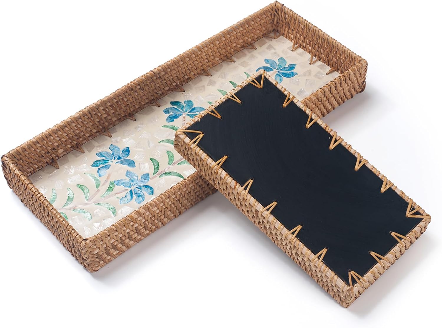 Rattan Bathroom Vanity Tray / Blue Narcissus / Set of 2