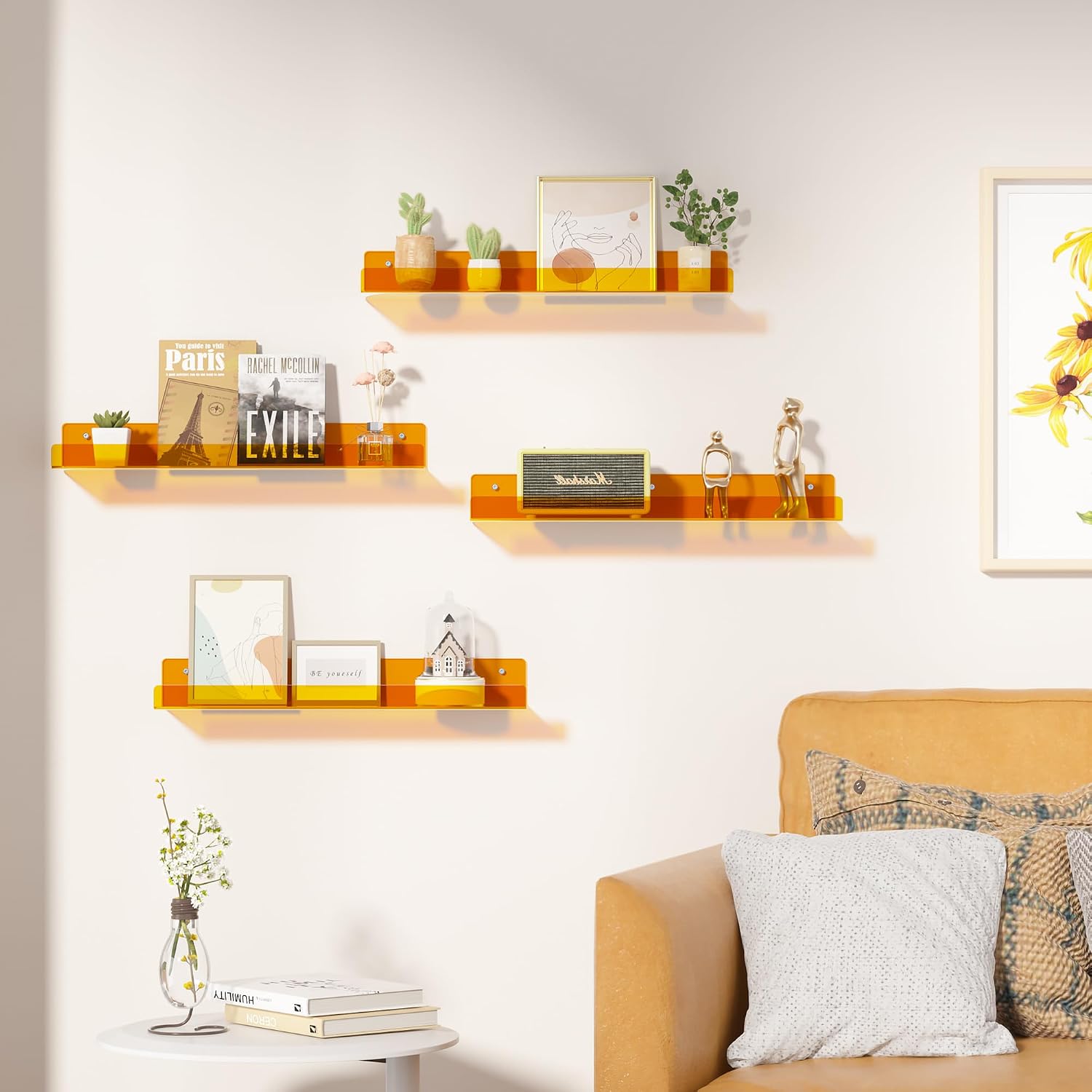upsimples 4 Pcs 15" Acrylic Shelves for Wall Decor and Display, Orange | Cute Floating Shelf for Perfume, Skincare