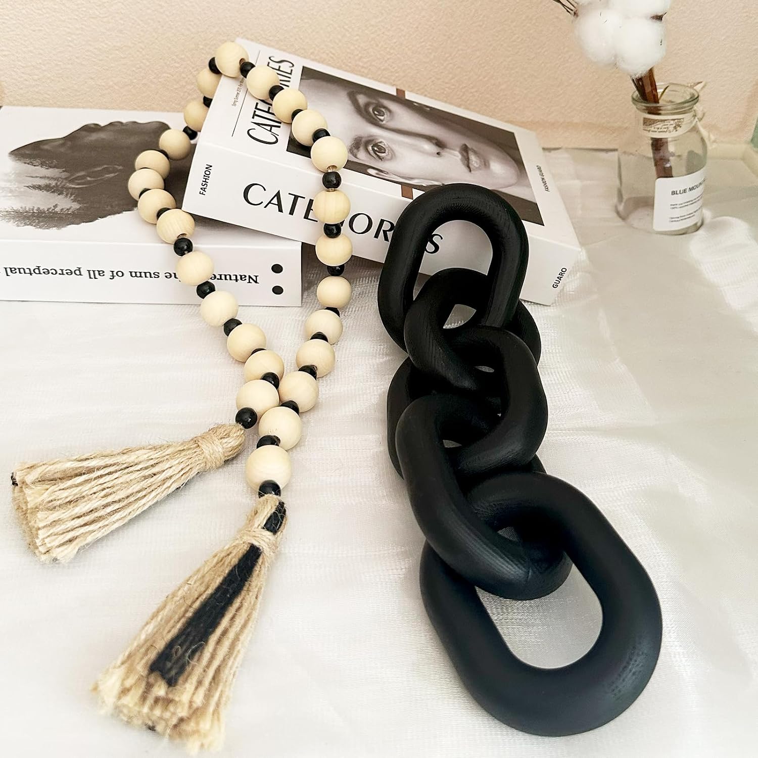 Decorative 5 Link Wooden Chain Decor and Bead Boho Farmhouse Rustic Home Table / Black / Set of 2