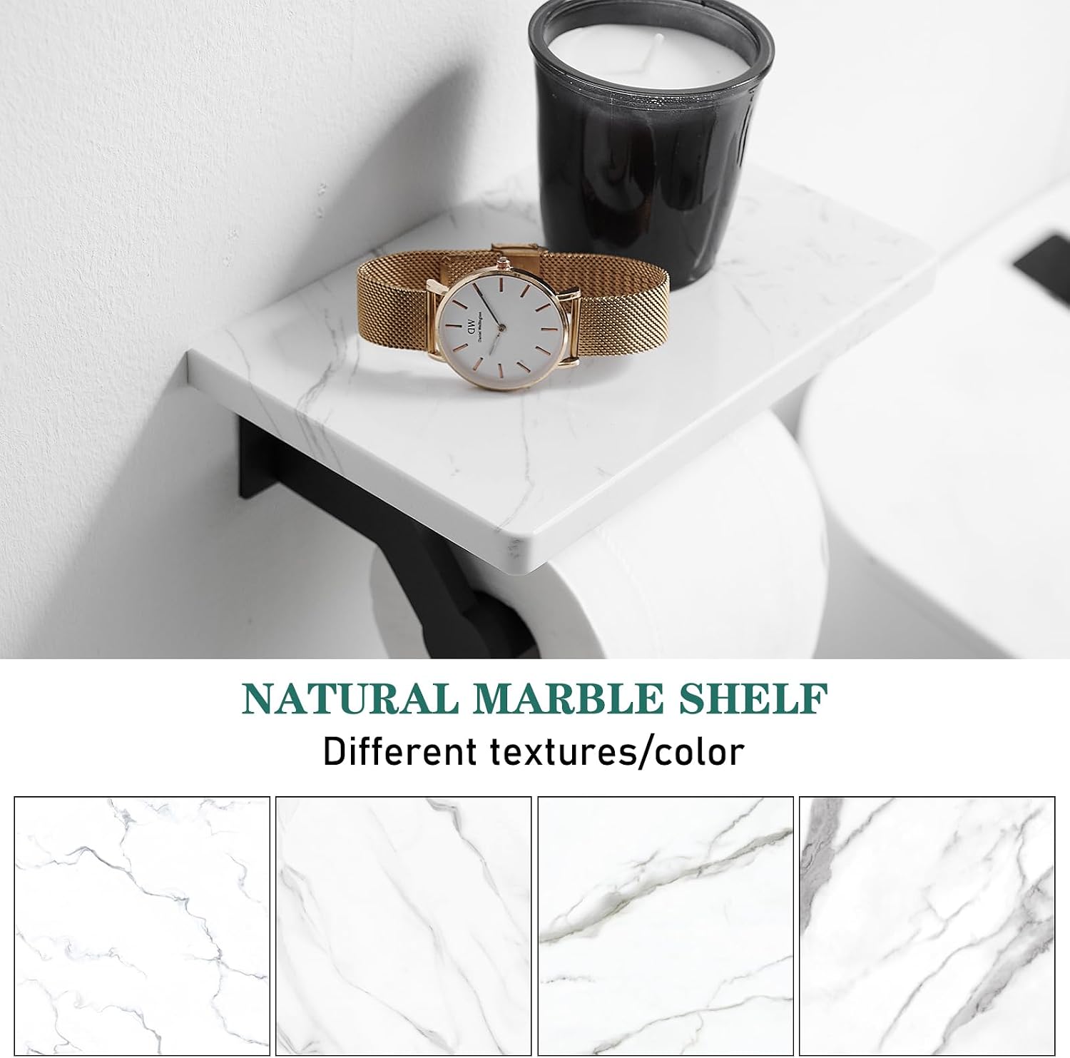 Hoimpro Toilet Paper Holder with Marble Shelf, Wall Mount Matte Black | White Natural Marble Phone Shelf Commercial