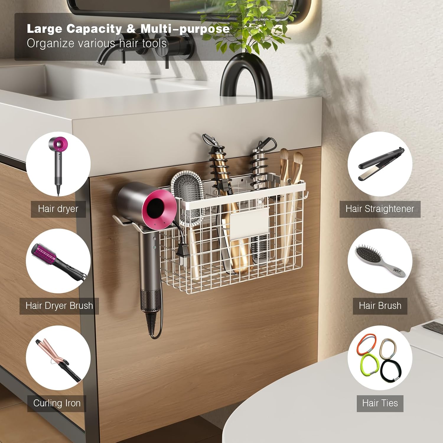 Voldra Hair Dryer Holder Cabinet Door, Adhesive Hair Tool Organizer Wall Mount Adjustable Height Blow Dryer Holder