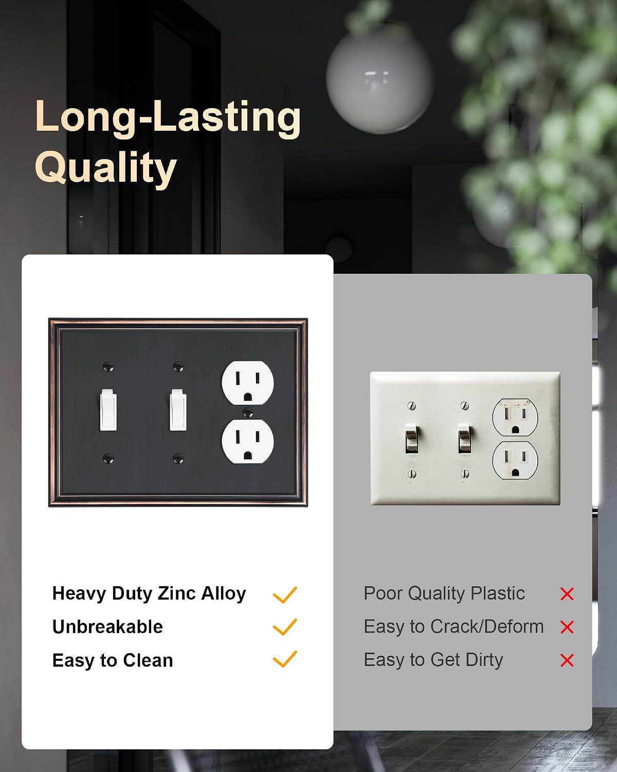 2-Pack Zinc Alloy Combo Double Toggle/Single Duplex Outlet Covers | Decorative Switch Plate Covers, Wall Plates for