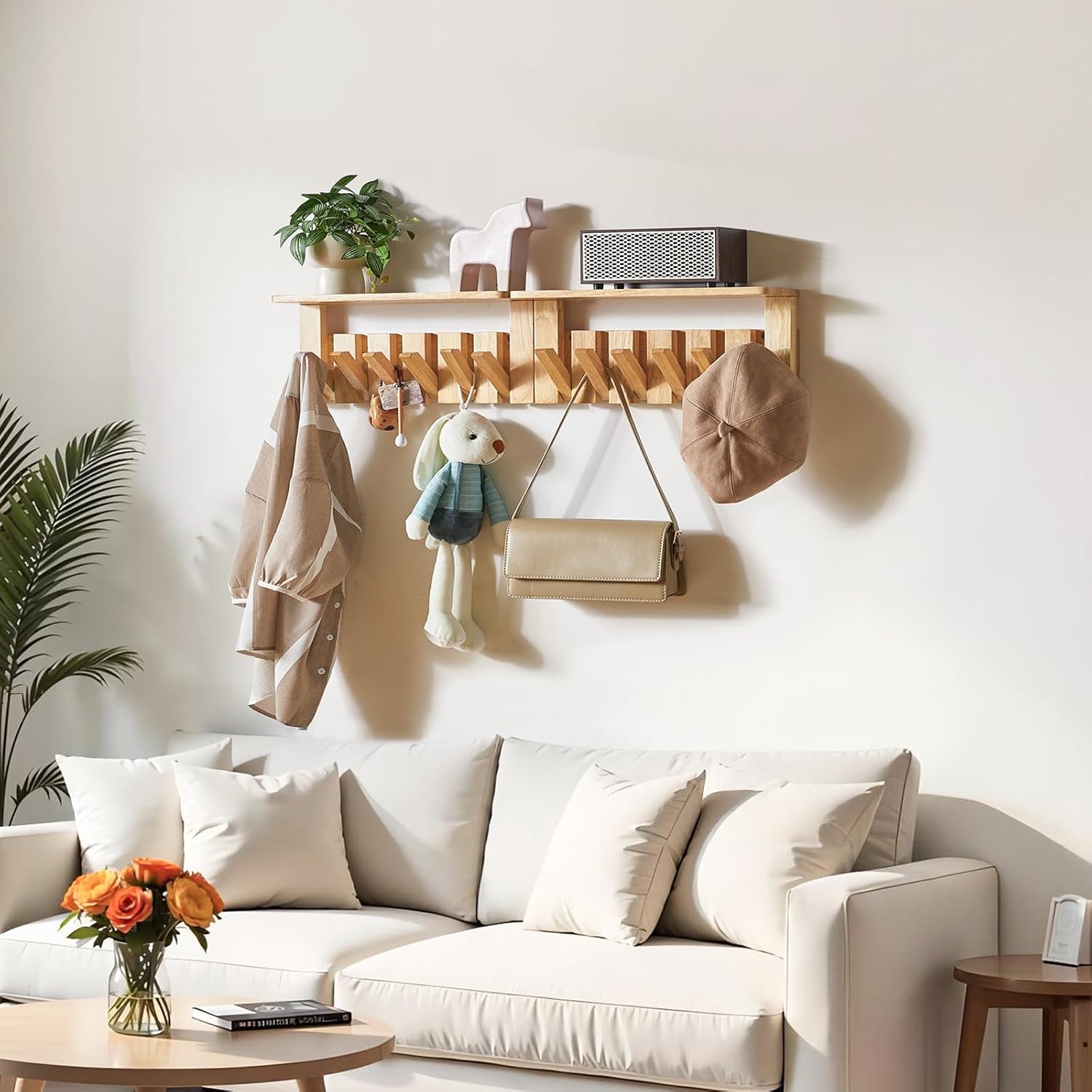 Piano Key Coat Rack Wall Mount with Shelf and 12 Hooks, Natural HWS008N-2 | Solid Wood Wall Mounted Coat Rack with