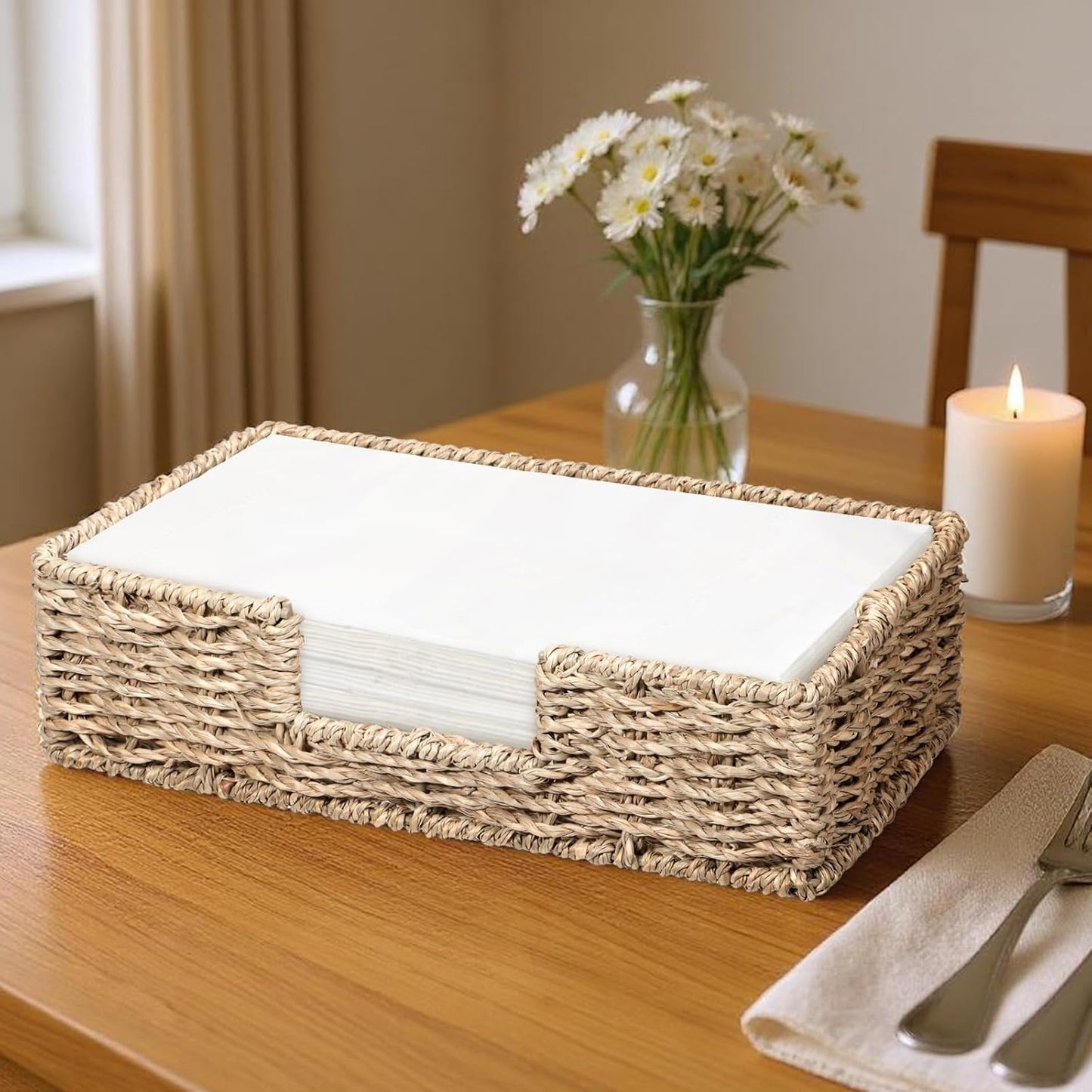 Napkin Holder Disposable Guest Towel Tray Long Seagrass Woven Rattan Wicker Holder Square Napkin