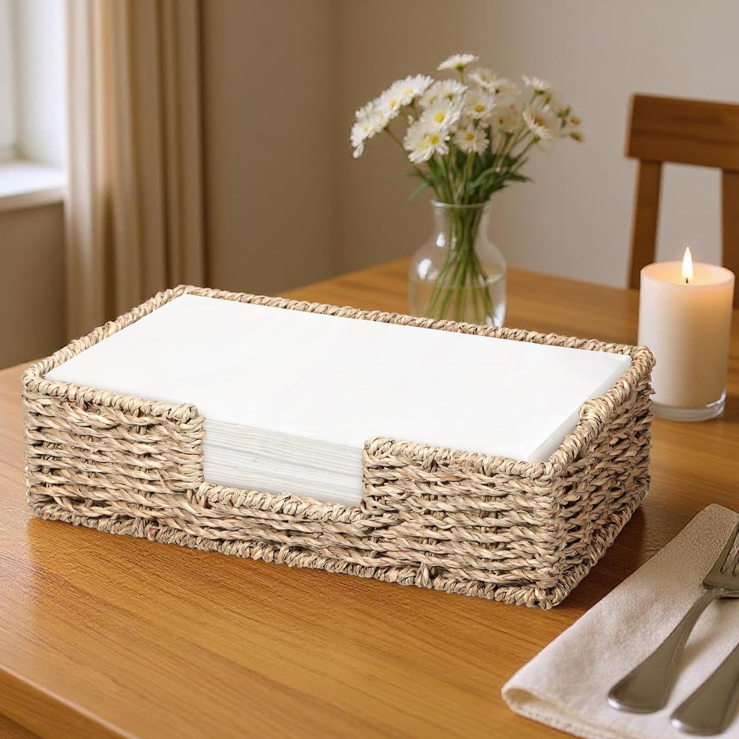 Napkin Holder Disposable Guest Towel Tray Long Seagrass Woven Rattan Wicker Holder Square Napkin