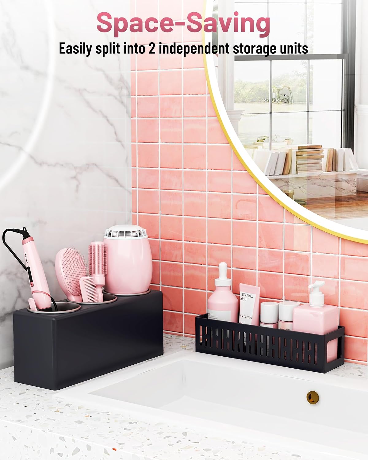 Hair Tool Organizer, Detachable Hair Dryer Holder with 3 Stainless Steel Cups, Wall Mounted Bathroom Organizers and