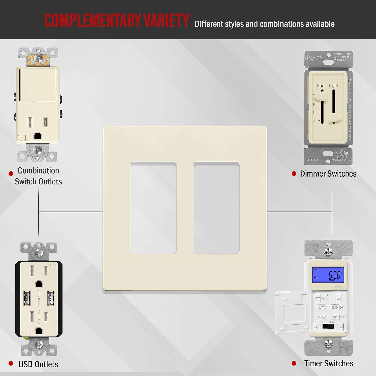 ENERLITES 2-Gang Light Almond Screwless Decorator Wall Plate Outlet Cover | 10 Pack, Size 4.68" x 4.73", Fits light
