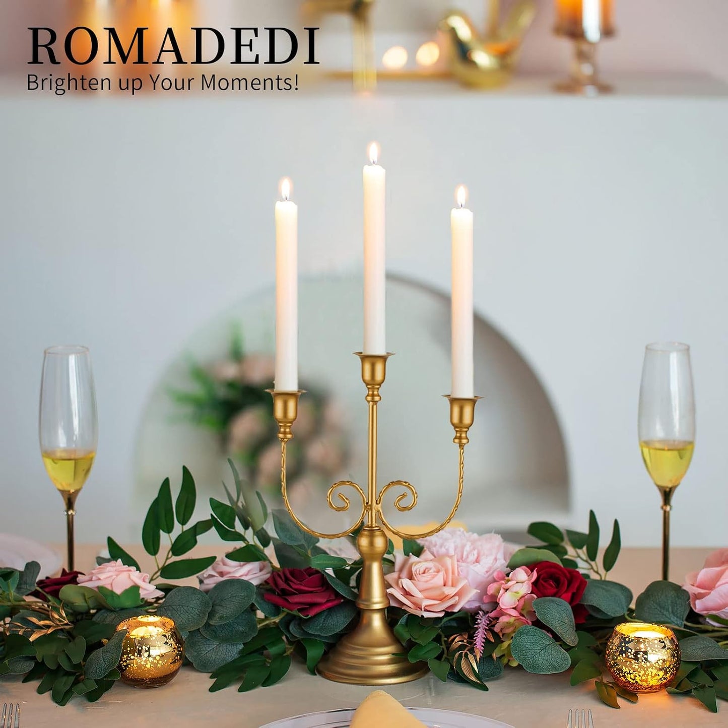 Romadedi Gold 3 Arm 11.8" Candelabra Candle Holders, Set of 2 | Wedding Candlestick Holder, Theme Party Table