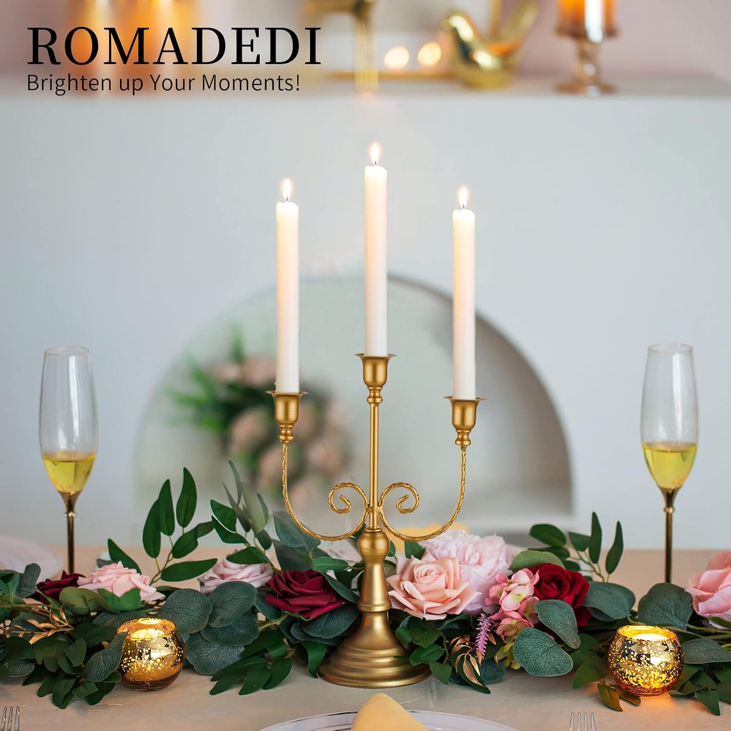 Romadedi Gold 3 Arm 11.8" Candelabra Candle Holders, Set of 2 | Wedding Candlestick Holder, Theme Party Table