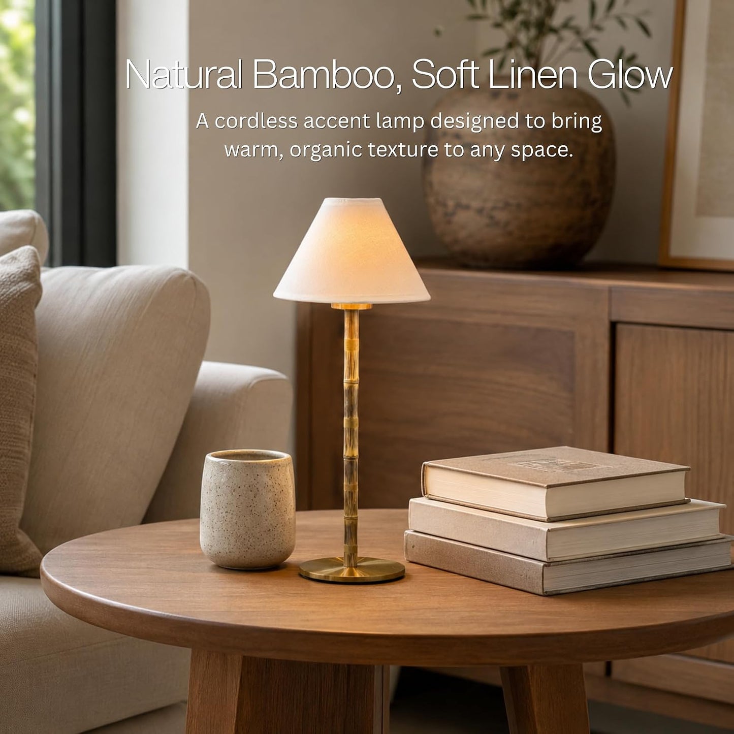 Bamboo Cordless LED Table Lamp – Rechargeable 24-Hour Battery, Dimmable Warm Light, Portable Wireless Lamp with Remote