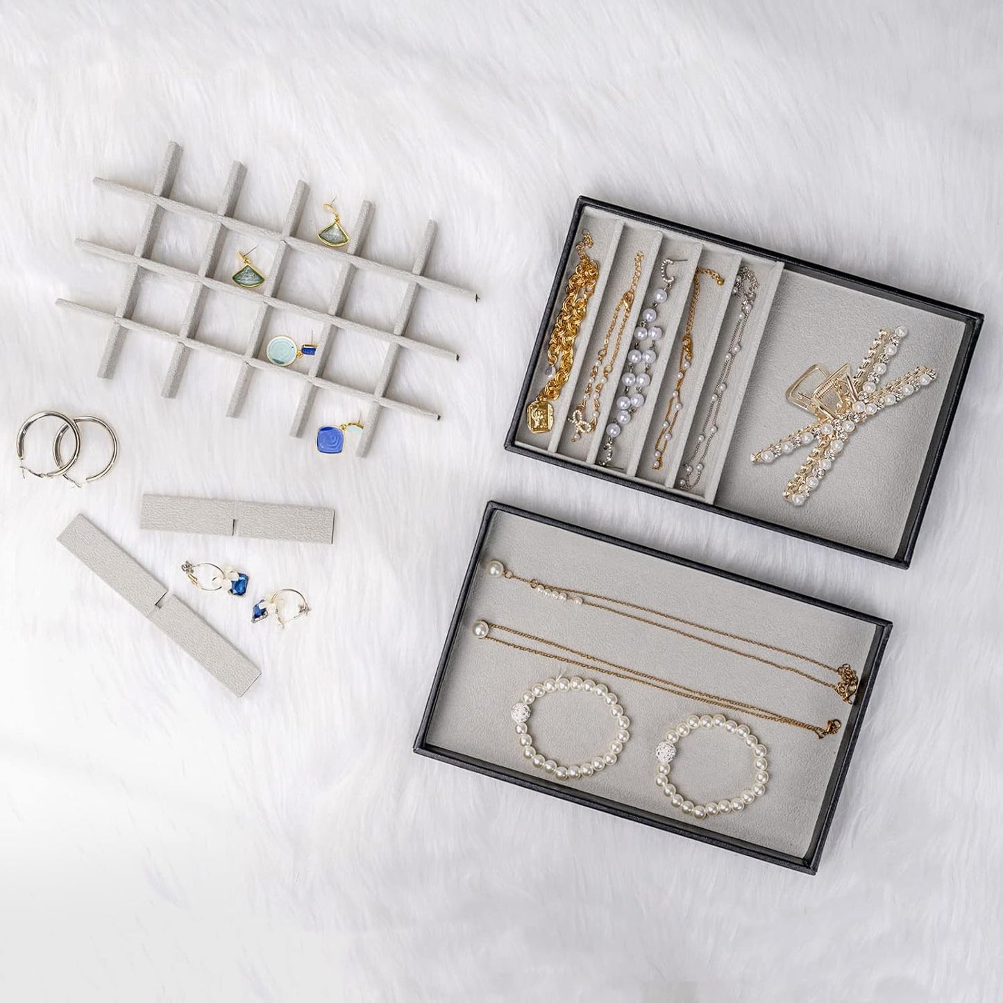 Stackable Jewelry Organizer Trays for Drawers / 4 Layers / Black
