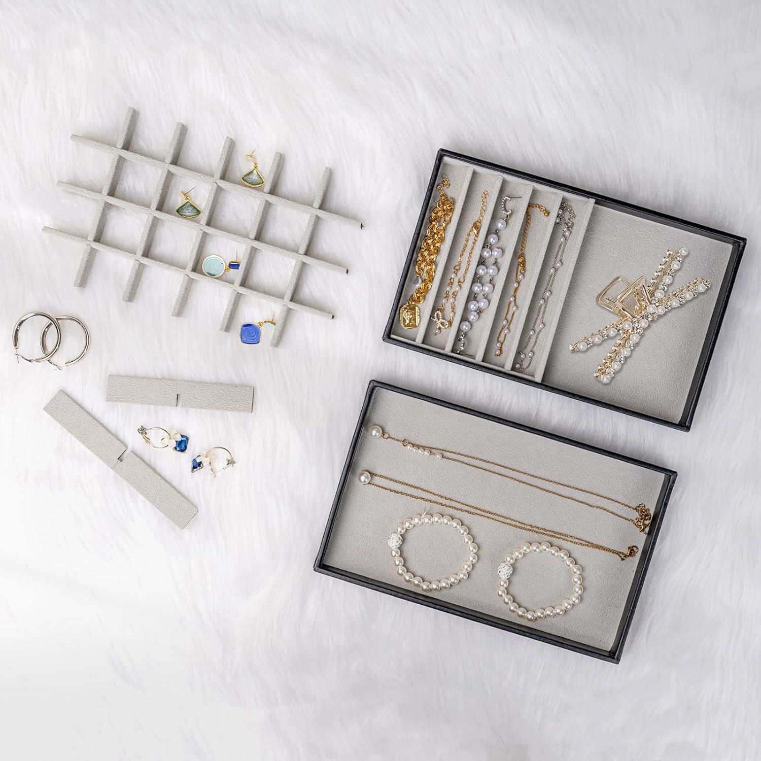 Stackable Jewelry Organizer Trays for Drawers / 4 Layers / Black