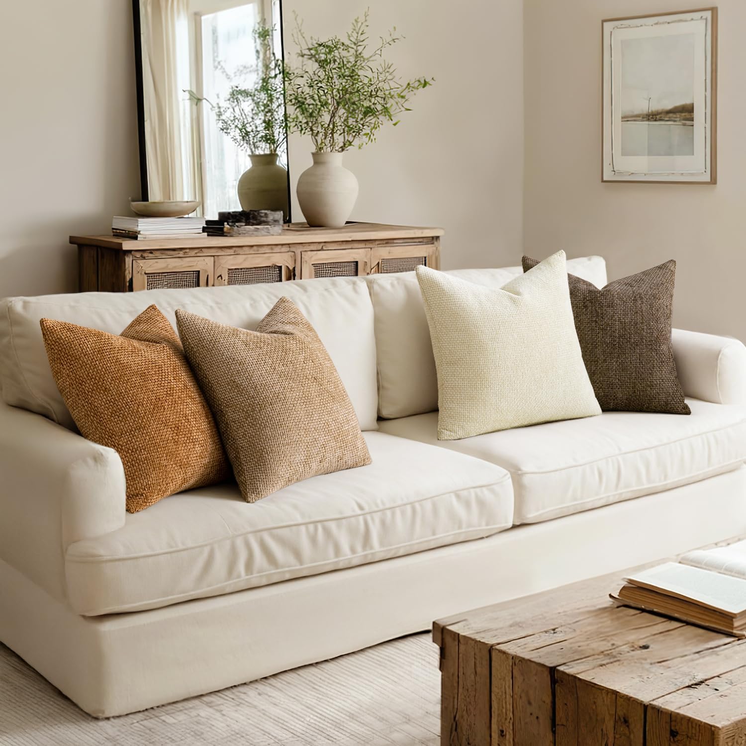 Couch Throw Pillow Covers Soft Decorative Chenille Pillows Farmhouse / 18 x 18 / Brown / Set of 4