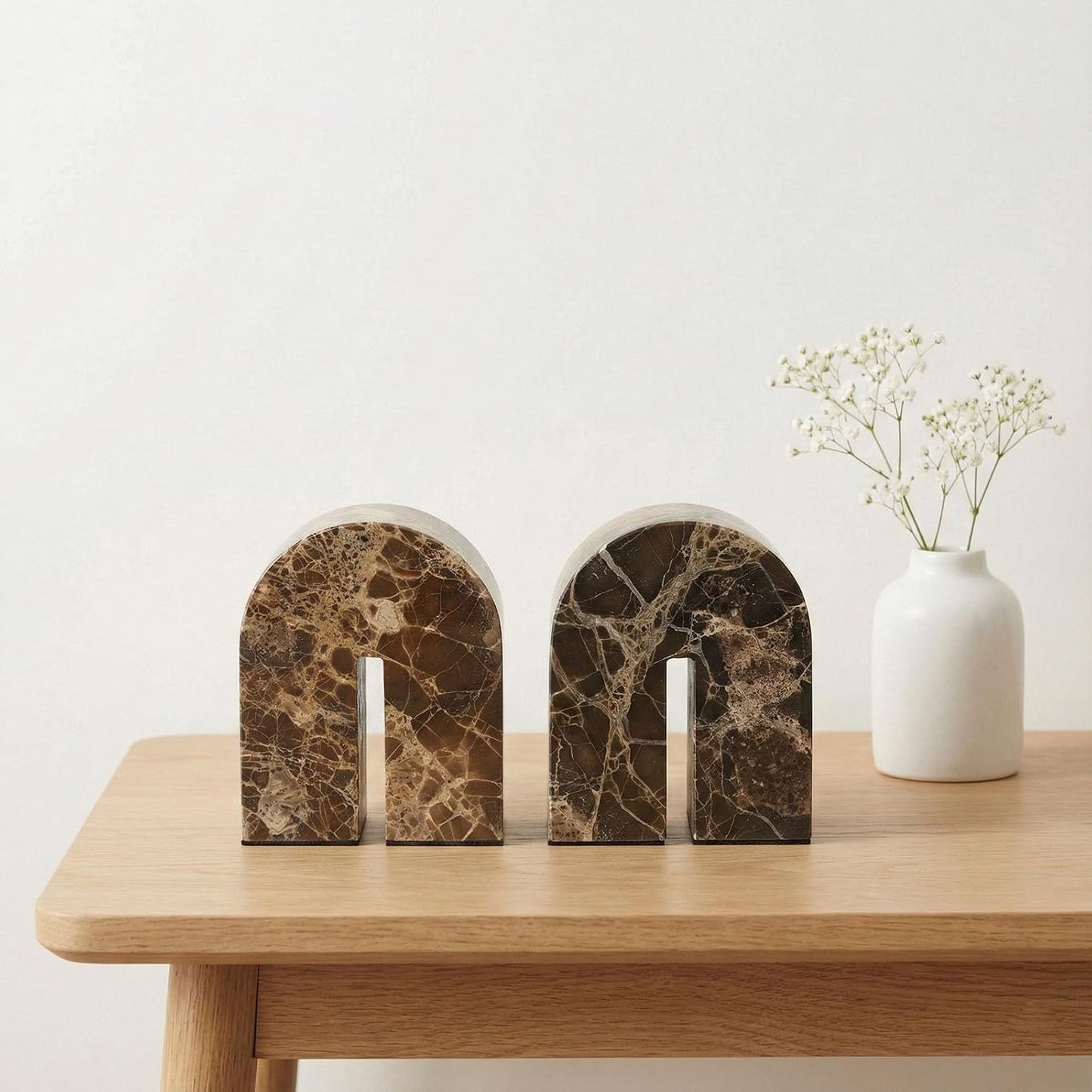 Marble Bookends / Unique Brown Arched Book Ends / Natural / Set of 2
