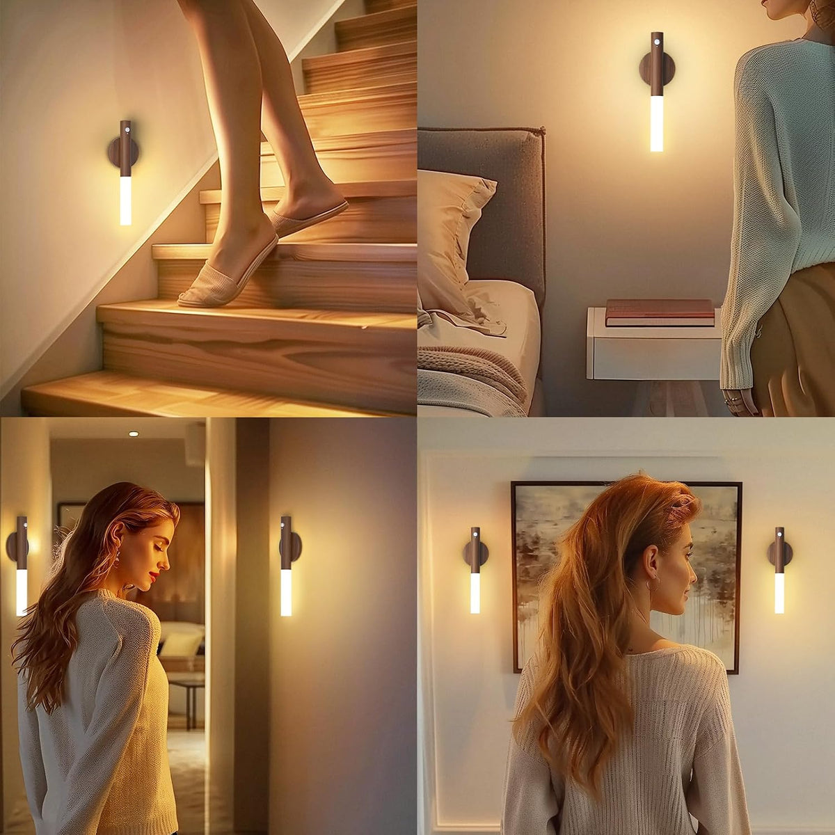 Wooden Motion Sensor Lights Indoor - Magnet Body Hallway Rechargeable LED Wireless Battery Operated Wall Sconce