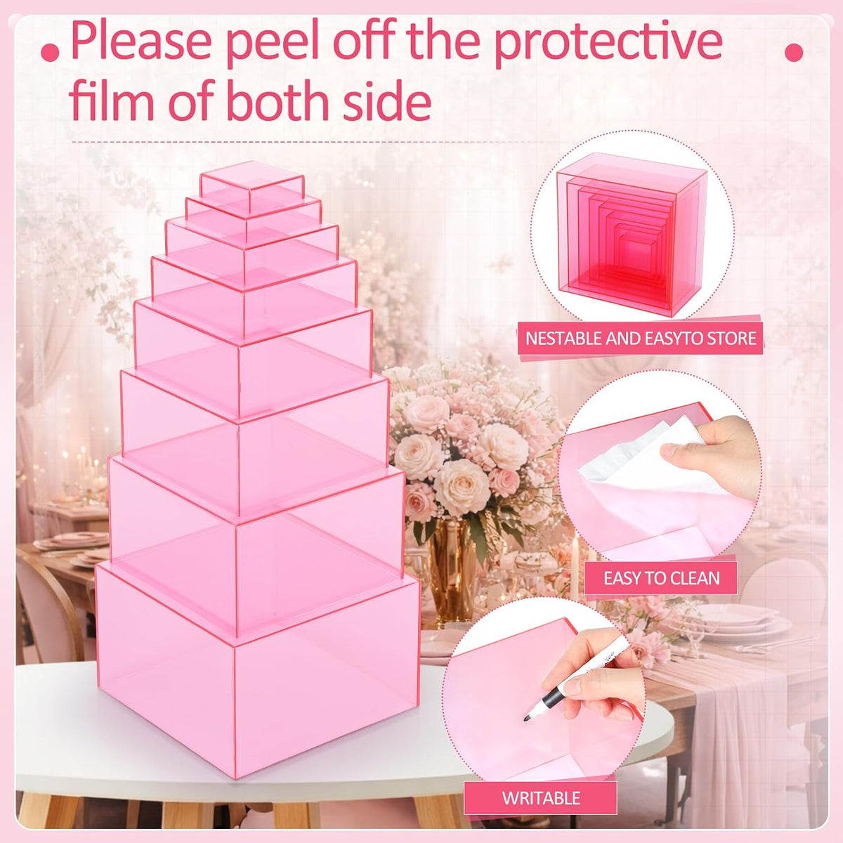 8 Pack Acrylic Buffet Display Risers for Food Jewelry,Pink,Flat | 3-10 Inch Cube Boxes with Hollow Bottoms, Clear