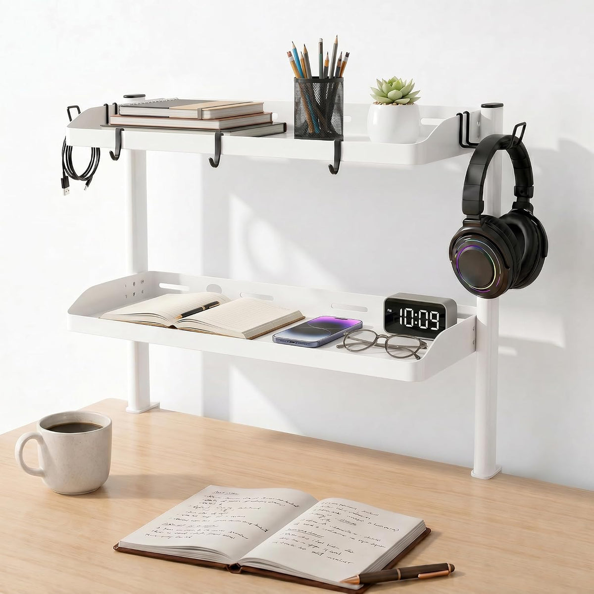 Clamp on Desk Shelf White, 2-Tier Office Desk Shelves Organizer, 17in Small Shelf for Top of Desk with Headphone